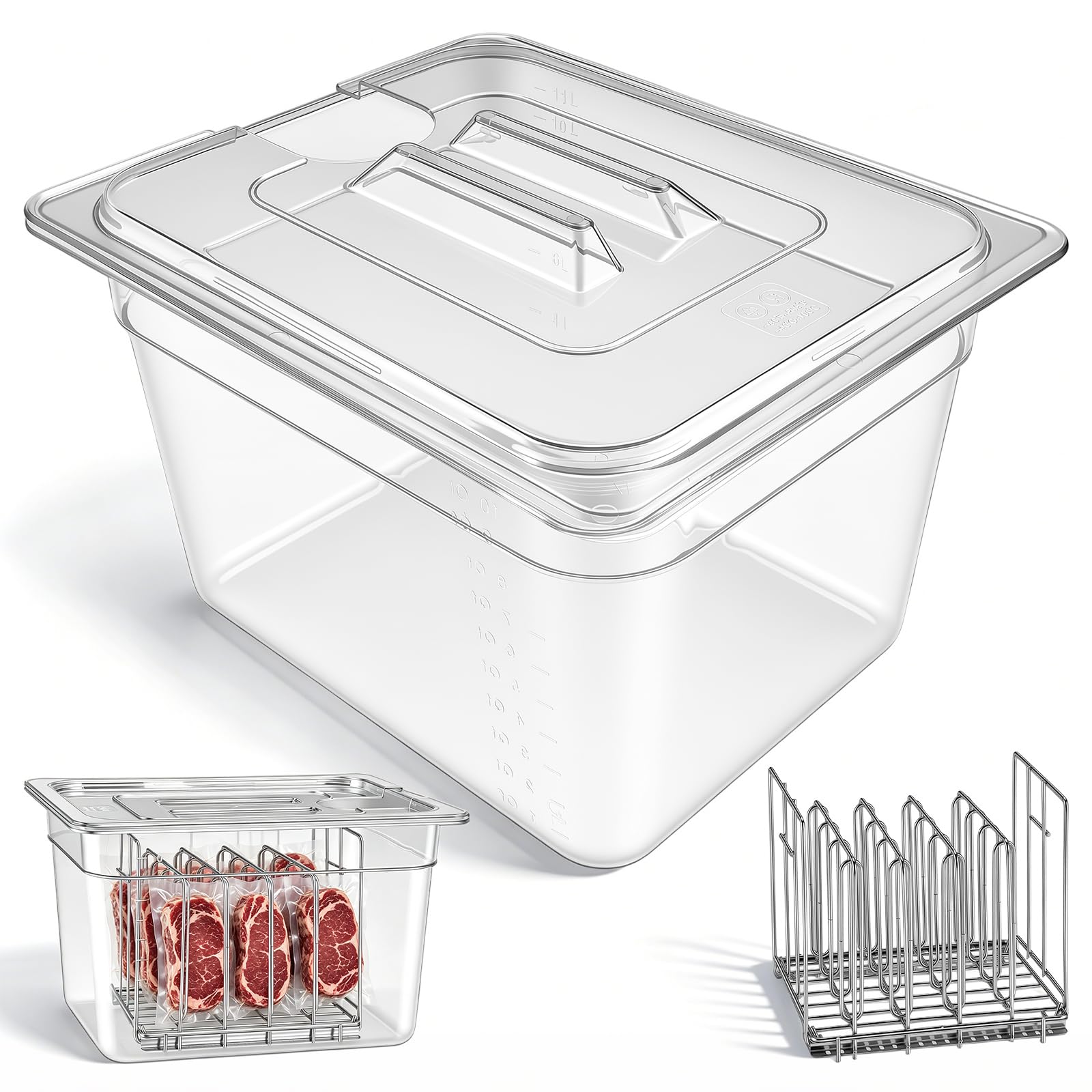 Sous Vide Behälter, 11L Sous Vide Container mit Deckel und Rack für Sous-Vide Stick Garer Mehrere Marken 32.5x26.5x20 cm Multifunktionaler Transparenter Behälter zum Kochen von Fisch Fleisch
