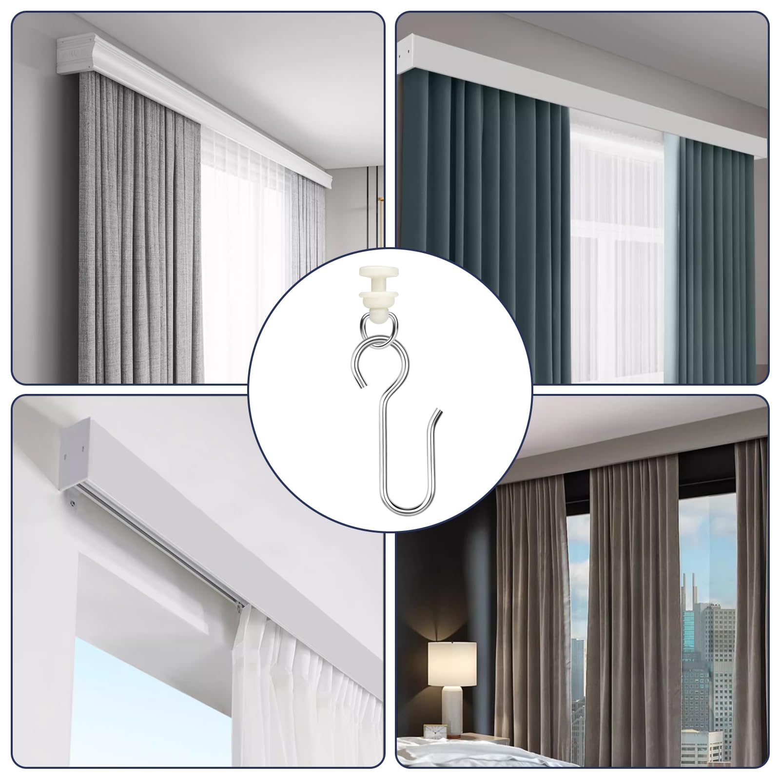 Jeffdad 50 Set Gardinenhaken Gleiter, Gardinenröllchen Curtain Hooks für Schiene für Standardschienen Vorhangschiene Duschvorhangstange Gardinen Schienensystem(50 Gleiter mit 50 Metall Vorhang Haken)