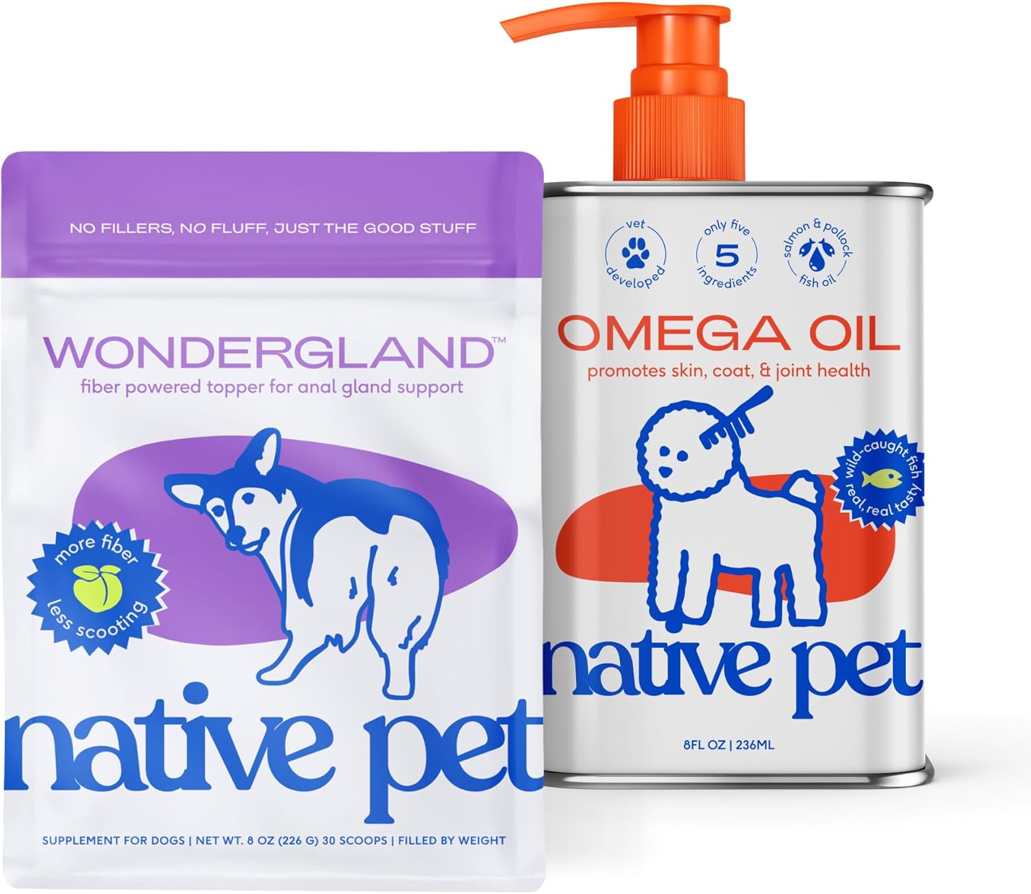 Native Pet WonderGland (30 Scoops) & Omega Oil for Dogs (8 Oz.) - Dog Anal Gland Treatment Using Fiber for Dogs & Omega 3 Fish Oil Promotes Healthy Skin, Shiny Coat, & Strong Joints