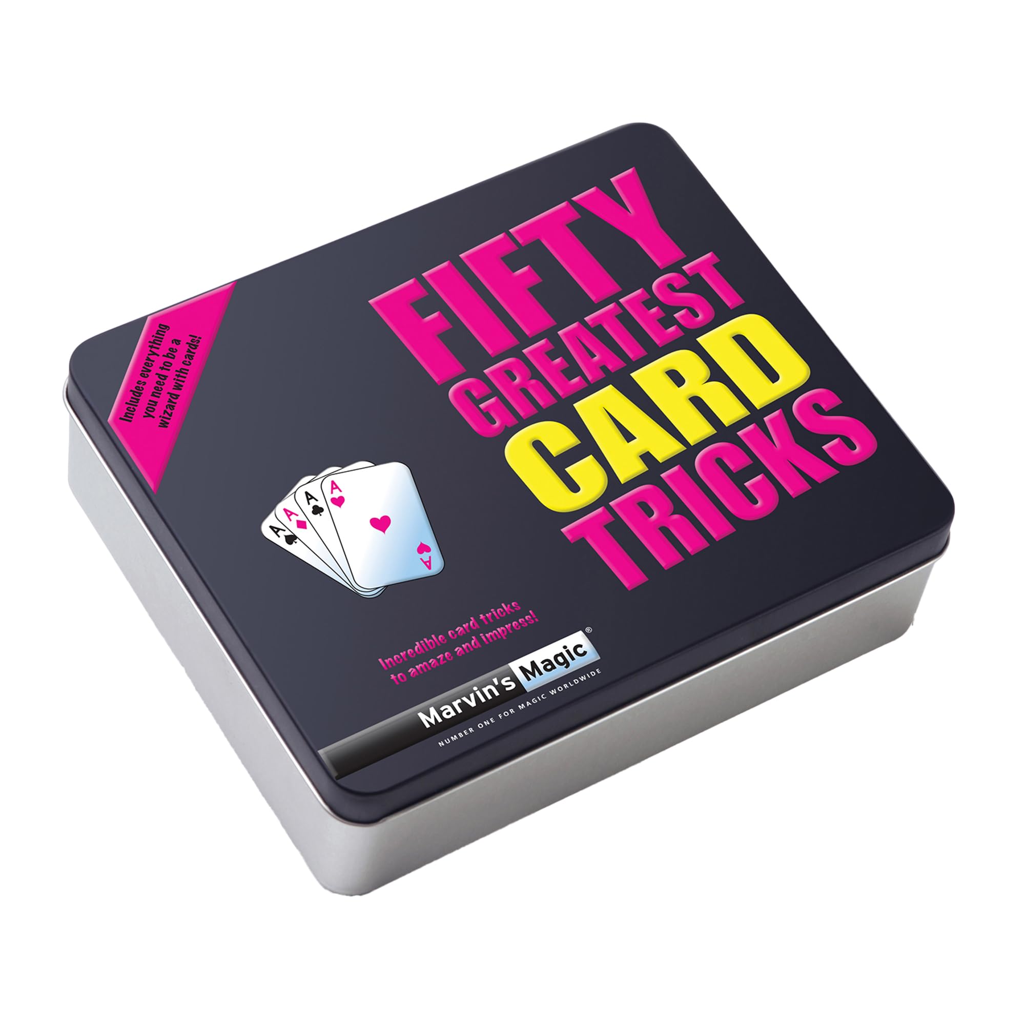 Marvin's Magic - Fifty Greatest Card Age 8+ Tricks Set - Children & Adults Magic Card Set - Includes Card Illusions, Close up and Mind Reading Tricks - Comes In Gift Set Tin - Suitable for +