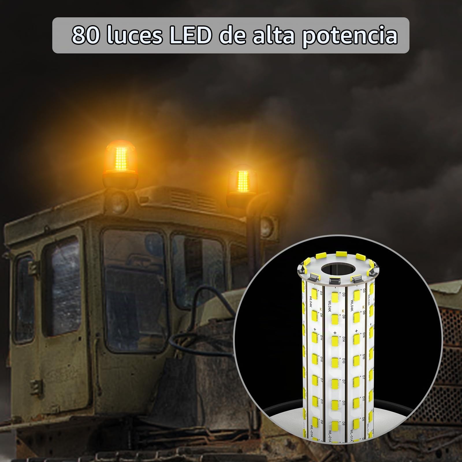 Justech 2PCs Rotativo Luz LED Naranja R65 E9 80LEDs Luz de Emergencia 12V-24V Impermeable IP56 3 Modos de Flash Faro Intermitente de Advertencia para Caravana Camión Tractor
