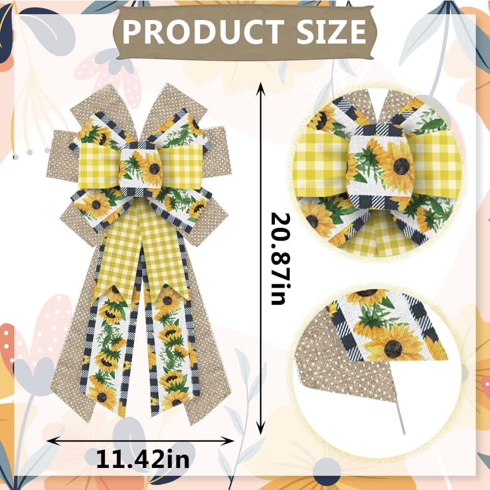 Large Yellow Sunflower Bows for Wreath, Spring Yellow White Buffalo Plaid Wreath Bows Idyllic Romantic Floral Bows for Front Door, Farmhouse Ornament Burple Tree Bows for Holiday Indoor Outdoor Decor