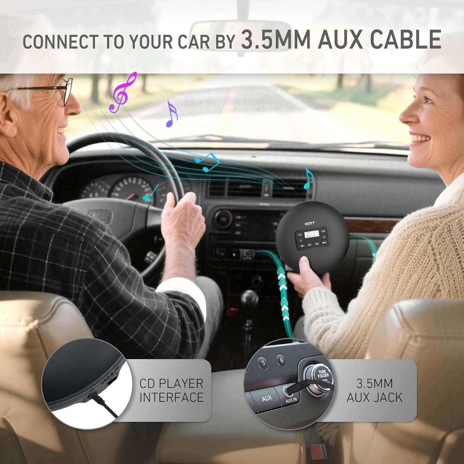 HOTT C204 CD Player connected to a car's AUX input