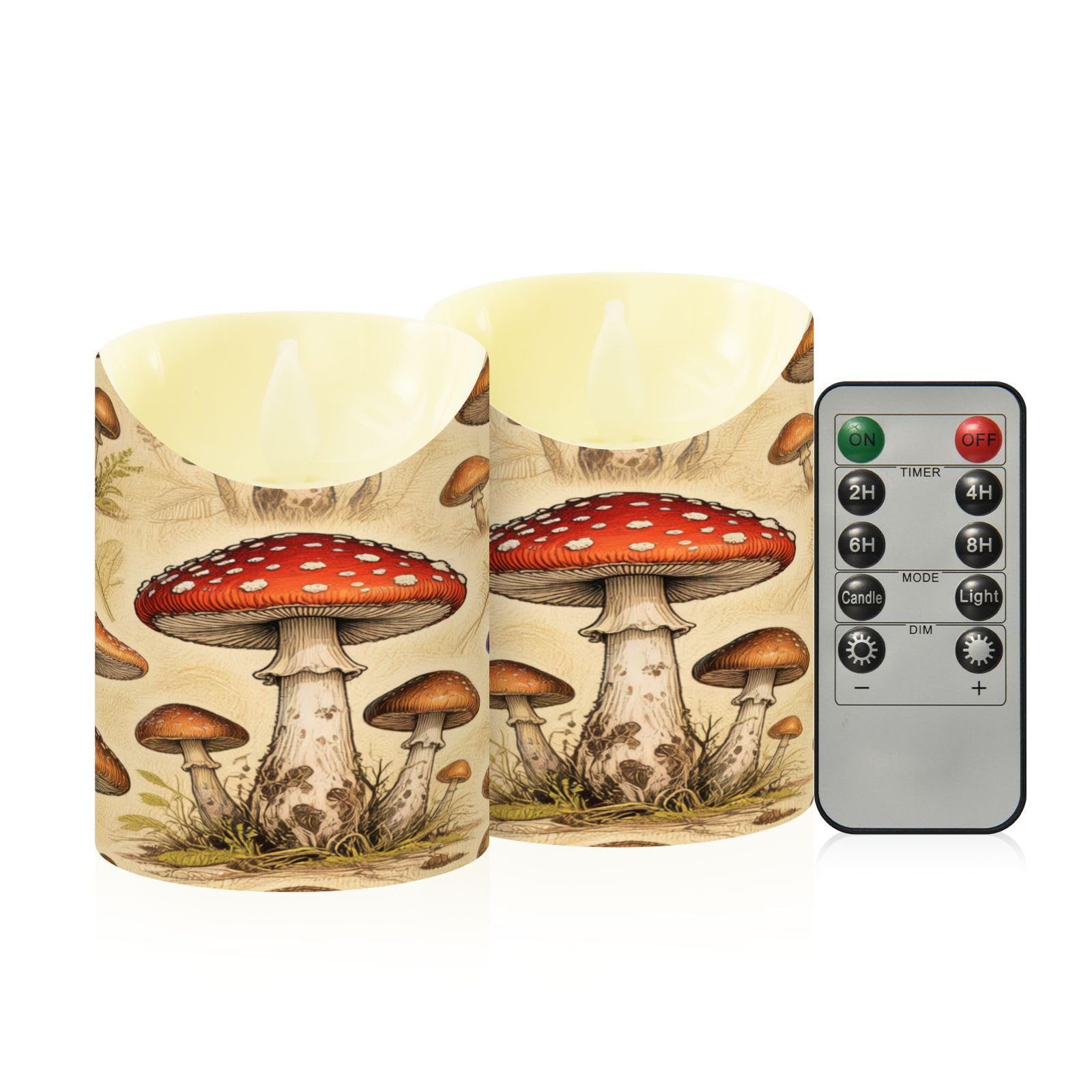 Cgiub Mushroom Flameless Candles with Timer 2pcs Battery Operated Flickering Flameless LED Pillar Candles for Holiday Home Wedding Fireplace Decor