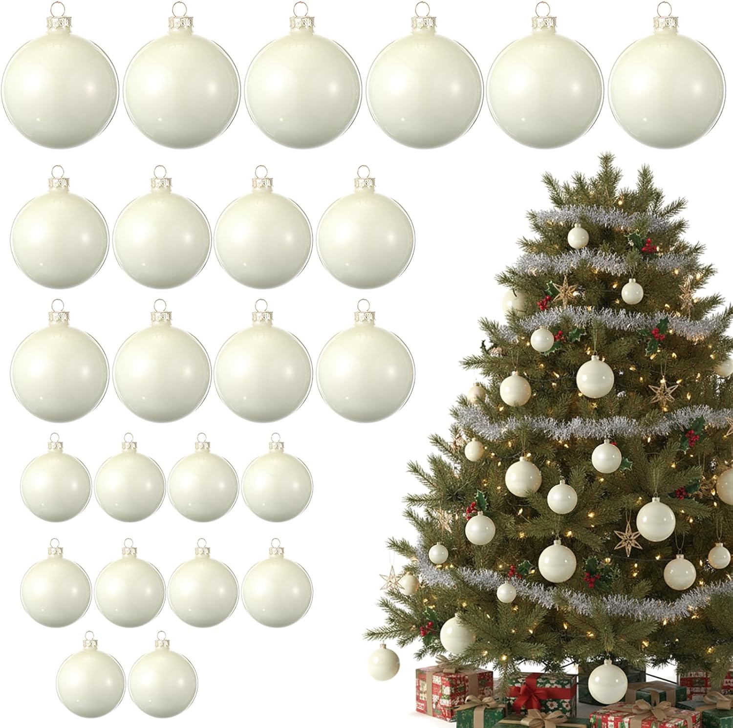 24 Pcs Glass Christmas Ball Ornament 3 Size Glass Ball Ornament 3.15" 2.36" 1.57" Mirror Christmas Hanging Decor for Xmas Tree Holiday Decoration(Beige)