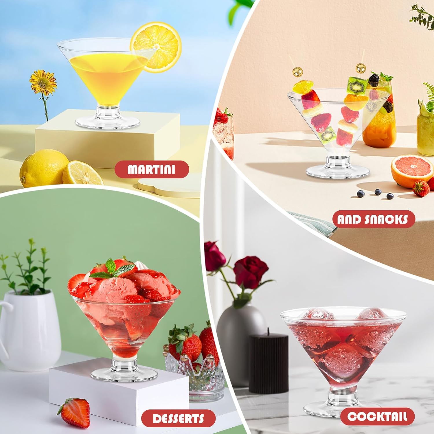 25 PCS Martini Glasses plastic Disposable , Stemless Martini Glasses for Birthday Party , Disposable Cocktail Cups for parties , 5oz Clear Margarita Cups Bulk for Holiday Weddings, Transparent Base