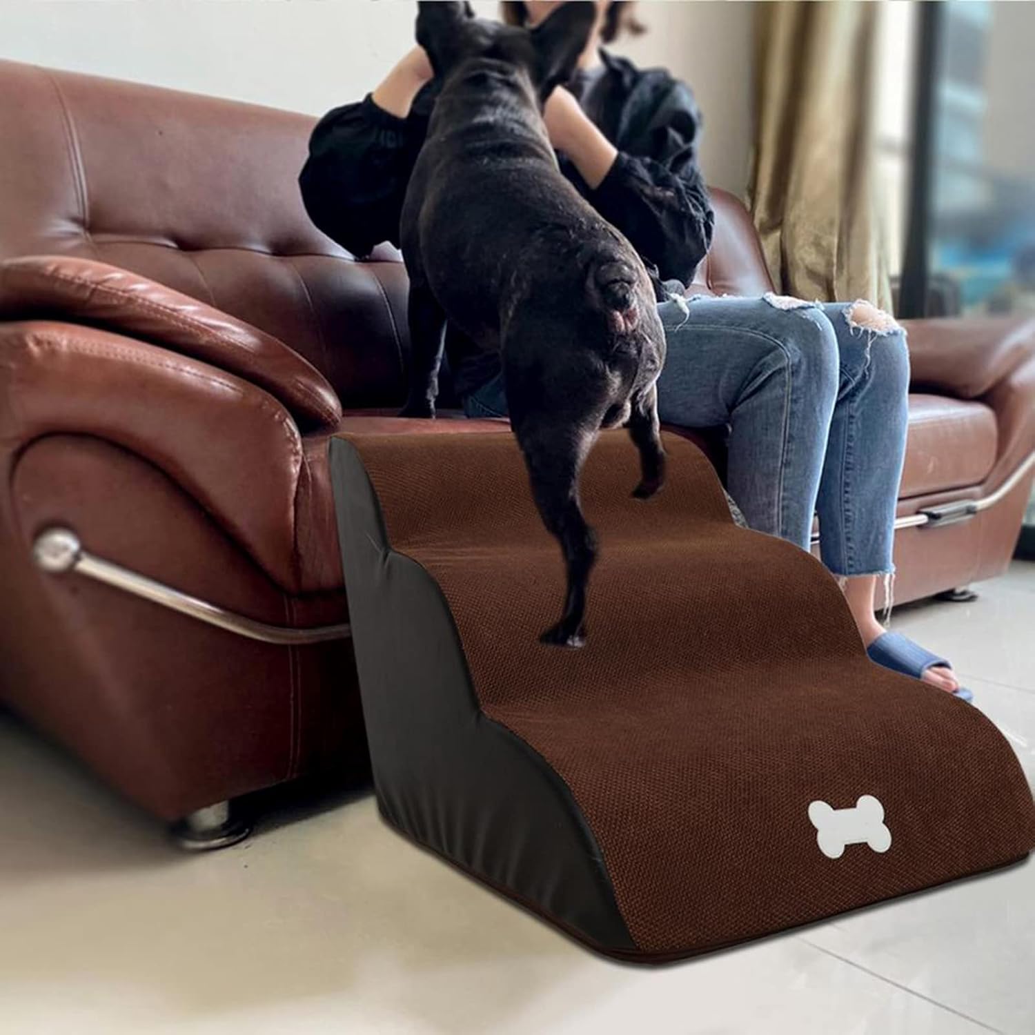 3 Tier Pet Foam Stairs, Extra Wide Deep Dog Ramp for Sofa, Soft Foam Dog Ladder with Washable Dog Stairs Cover for Older Injured Small Dogs Puppies Cats for High Bed