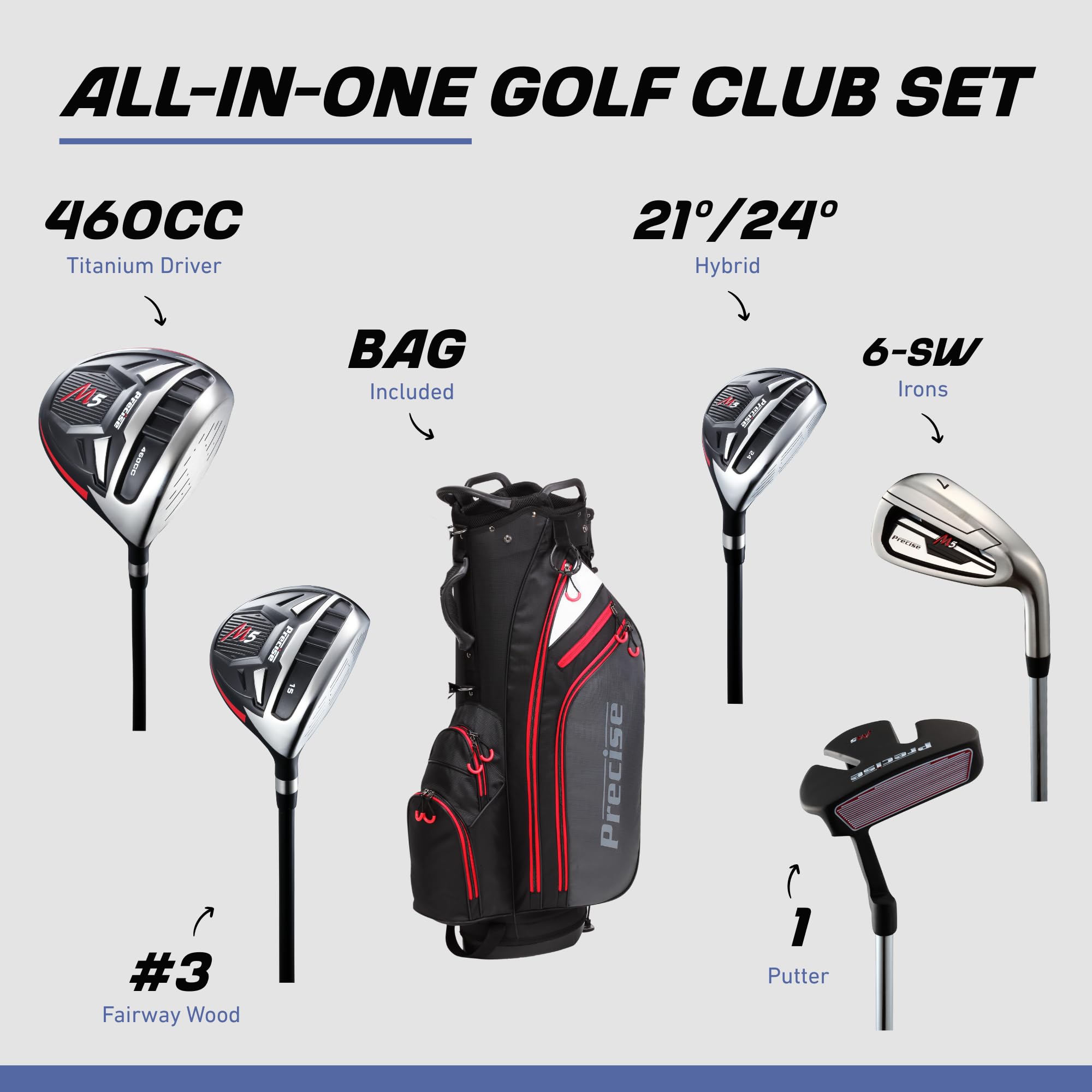 Precise M5 Pro - Set completo di mazze da golf da uomo, 6-4 driver in titanio, legno in acciaio inox 17-4, ferri 431 SS, borsa deluxe con supporto, 12 mazze + copricapi
