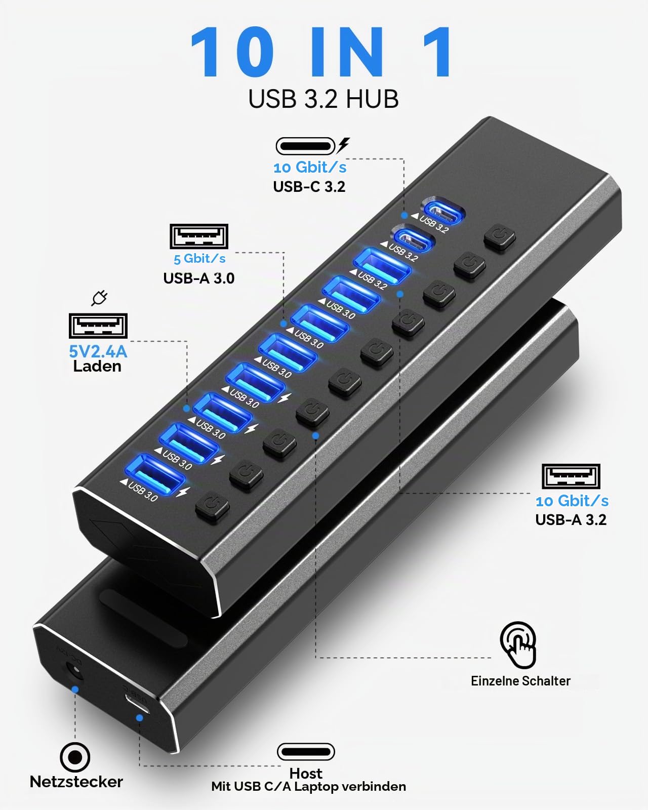 Powered USB Hub 3.2, 10-Port USB3.2/USB C Hub (10Gbps USB-A 3.2 +2 USB-C 3.2 +7 USB 3.0 Ports) mit individuellen EIN/Aus-Schaltern und 12V Power Adapter, Aluminium USB Hub Powered für Laptop PC
