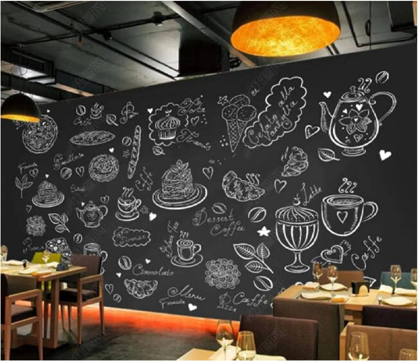 Amazon 粘着性の取り外し可能な壁紙 黒板手描きデザートレストラン 壁紙のはがしと貼り付け装飾的な壁紙家の装飾モダンなリビングルーム 壁紙