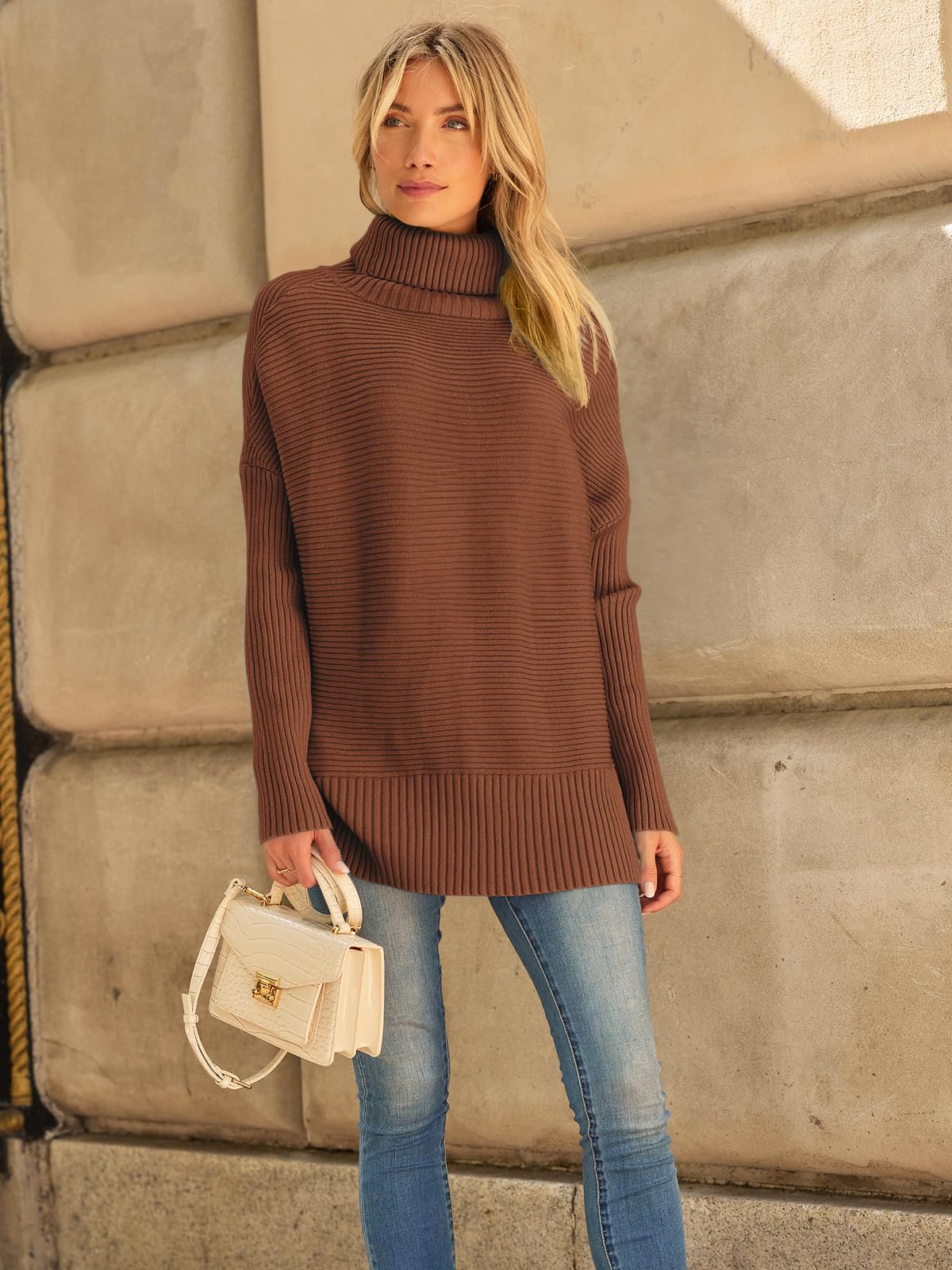 LILLUSORY Oversized Turtleneck Sweaters Fall Batwing Sleeve Ribbed Tunic Sweater