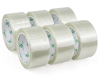 BOMEI PACK 5.5mil x 2inches x 25yds Mono Filament Strapping Tape, 6 Rolls of Heavy Duty Transparent Reinforced Fiberglass Tape,Fiberglass Shipping Tape for Moving Boxes