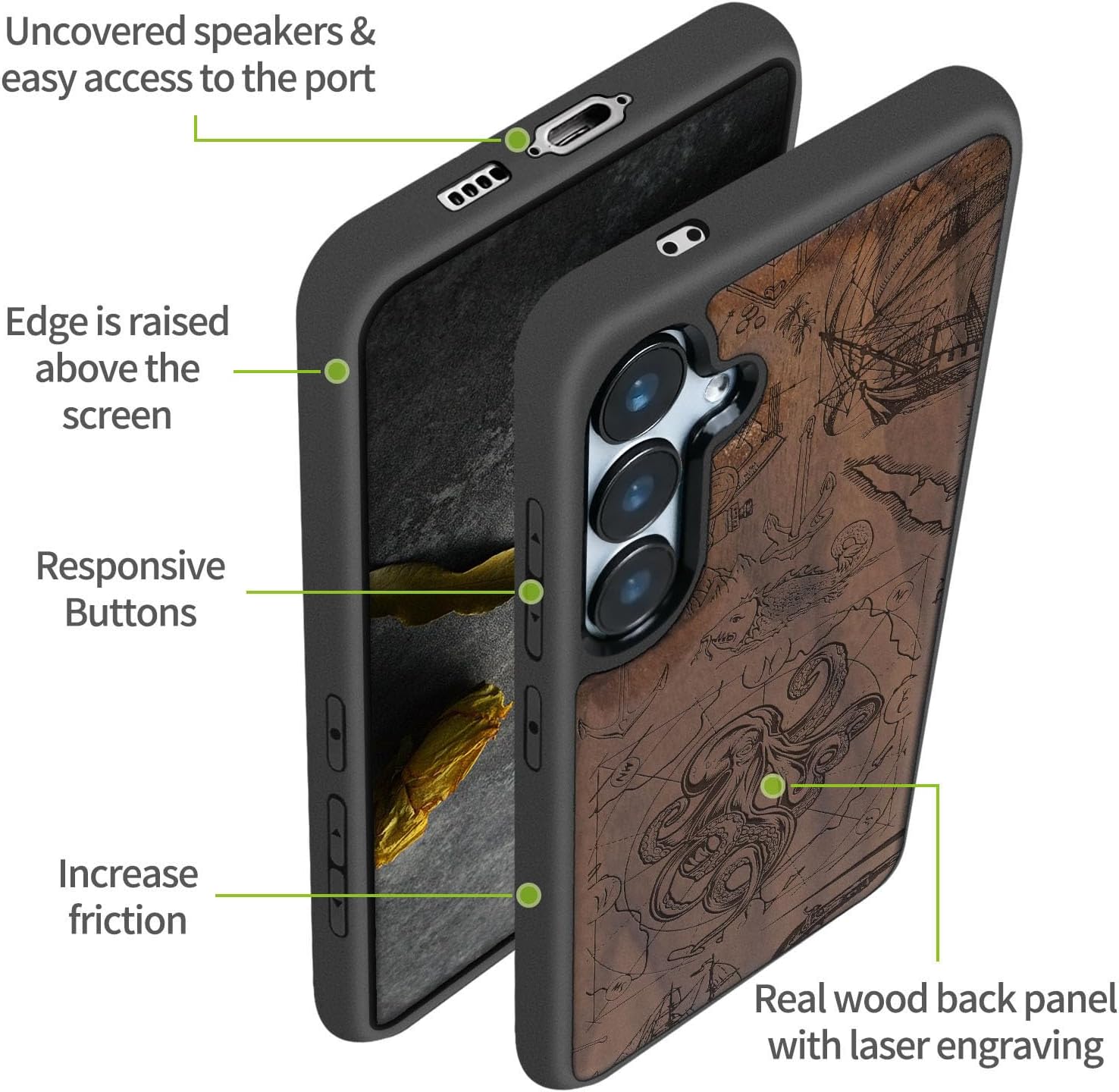 Carveit Wood Case for Galaxy S24 FE Case [Natural Wood & Black Soft TPU] Shockproof Protective Cover Unique Wooden Design Compatible with S24 FE (Deep Sea Octopus-Walnut)