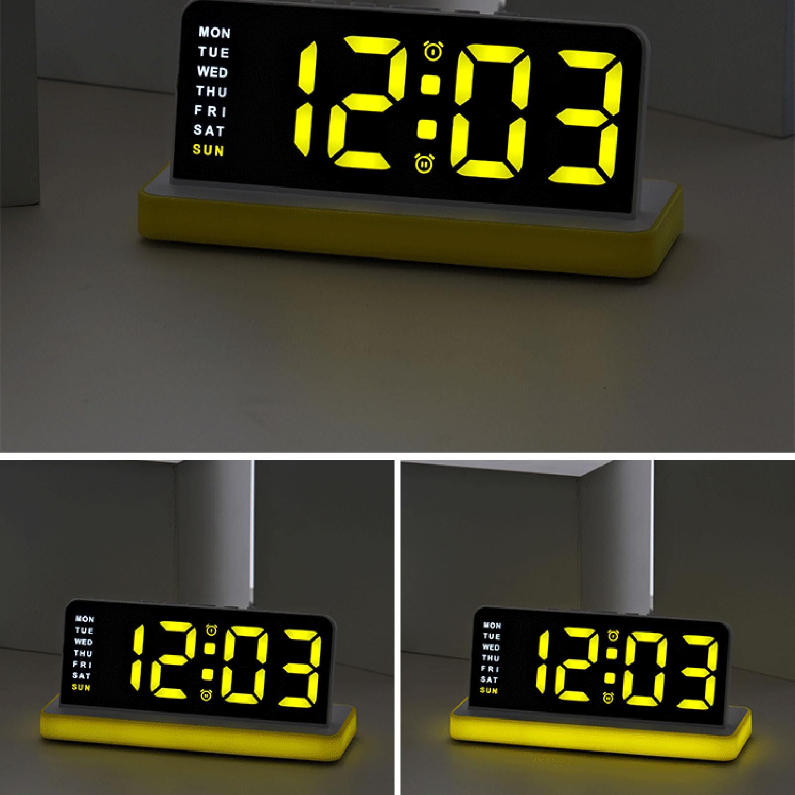 Reloj despertador compacto para escritorio de dormitorio, reloj LED digital con botón fácil con pantalla y luz nocturna para uso doméstico, alarma, luz nocturna LED, pantalla de día laborable,