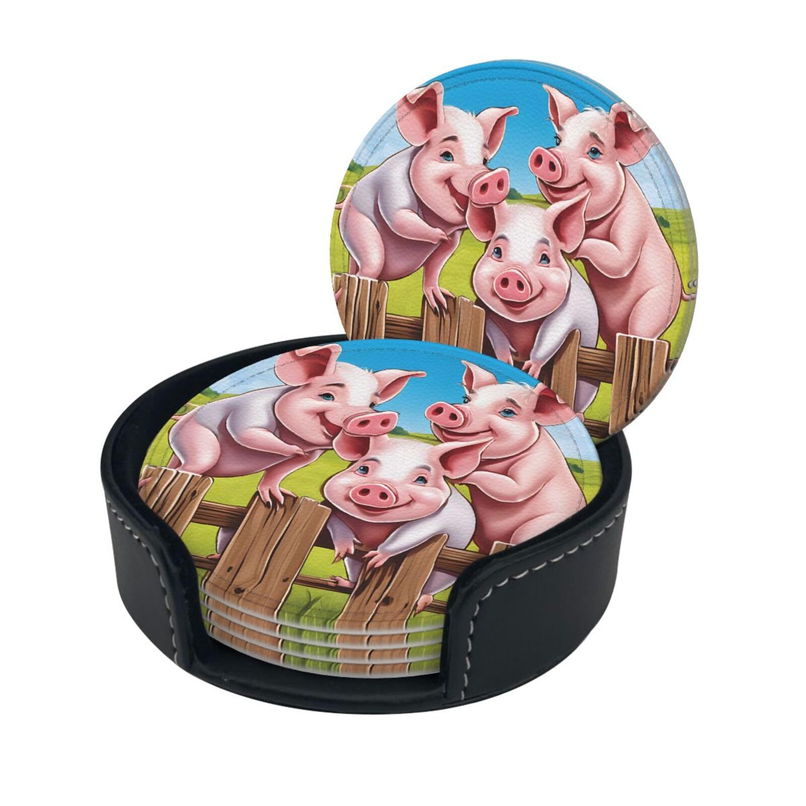 Funny Cute Pig Print Coaster,Round Leather Coasters with Storage Box for Wine Mugs,Cold Drinks and Cups Tabletop Protection (6 Piece)