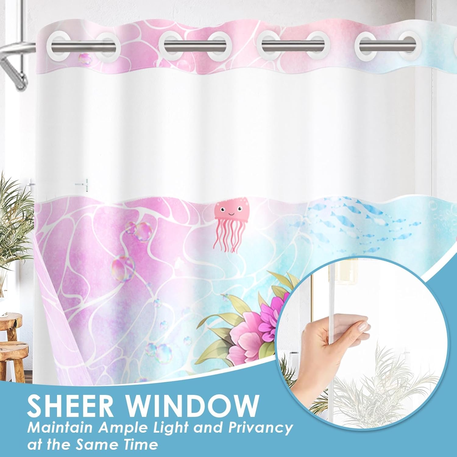 No Hook Pink Cute Turtle Shower Curtain with Snap in Fabric Liner Set, Summer Flower Girl Double Layers Waterproof Fabric with See Through Top Window Open Grommet Bath Curtain 71x74 Inch