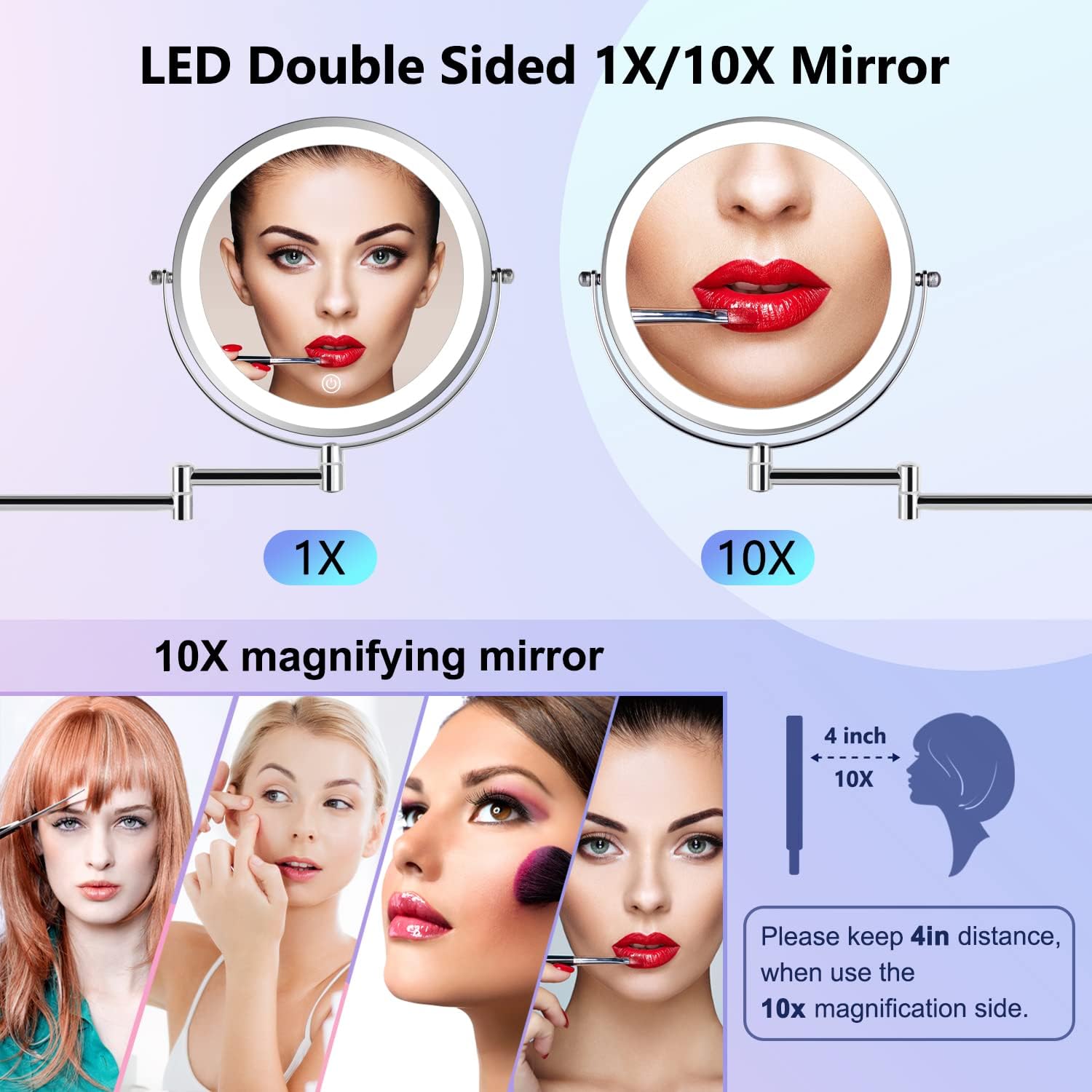 ALHAKIN 8" Rechargeable Wall Mounted Makup Mirror, 10x Magnifying Mirror with Light, Double-Sided Dimmable Mirror with 3 Color LED Lights Extended Mirror for Bathroom Shaving