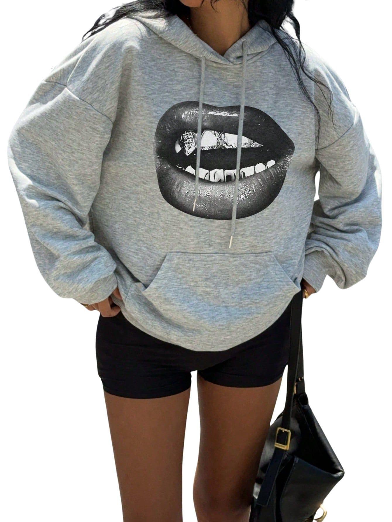 sxv style Casual Minimalist Lip Pattern Loose Fit Hoodie Sweatshirt for Women-picture-53