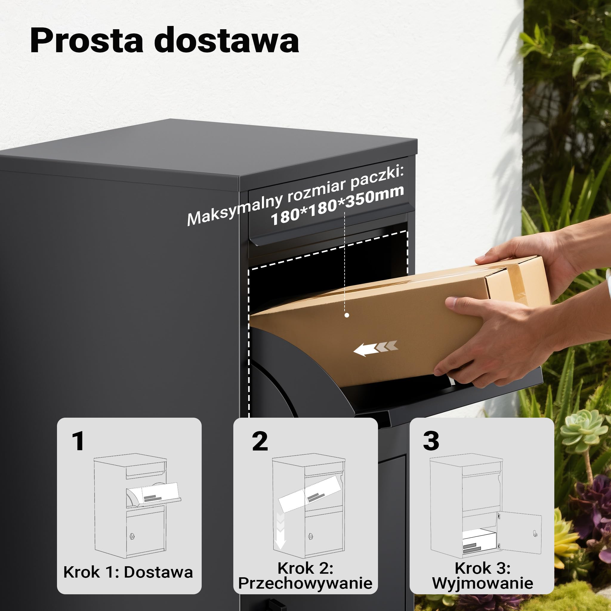 Wiltec Skrzynka na paczki antracytowa 410 x 385 x 720 mm, skrzynka na paczki do domu, prywatny punkt odbioru paczek, odpowiednia do paczek i przesyłek, skrzynka pocztowa stojąca stalowa