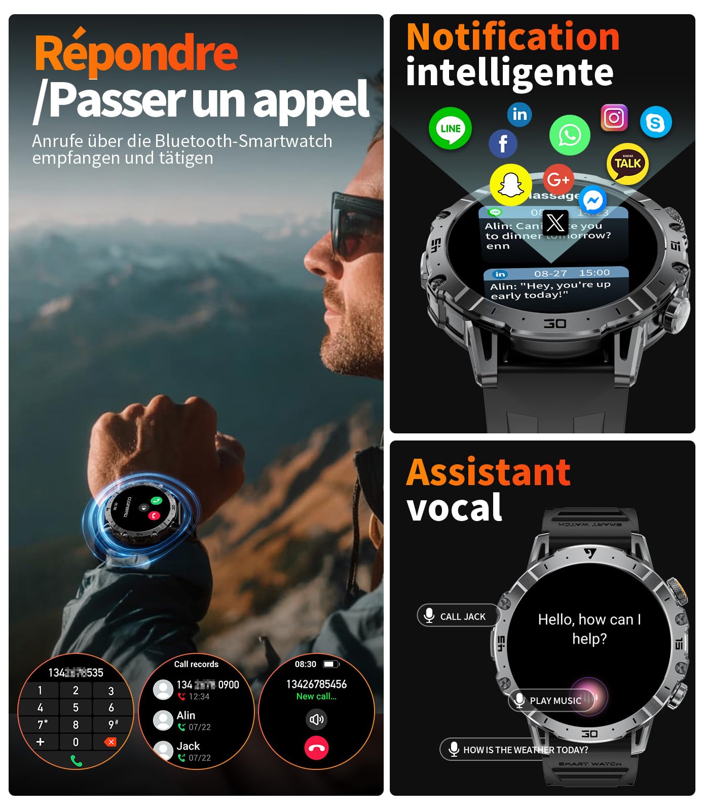 Montre Connectée Homme Militaire, 1.7'' Smartwatch avec 1000mAh, 3 Bracelets + 2 Chargeurs, Appel Bluetooth, LED Lampe, 110+ Modes Sportifs/IP68, Surveillance Cardiaque/Sommeil, Android/iOS EF18-A