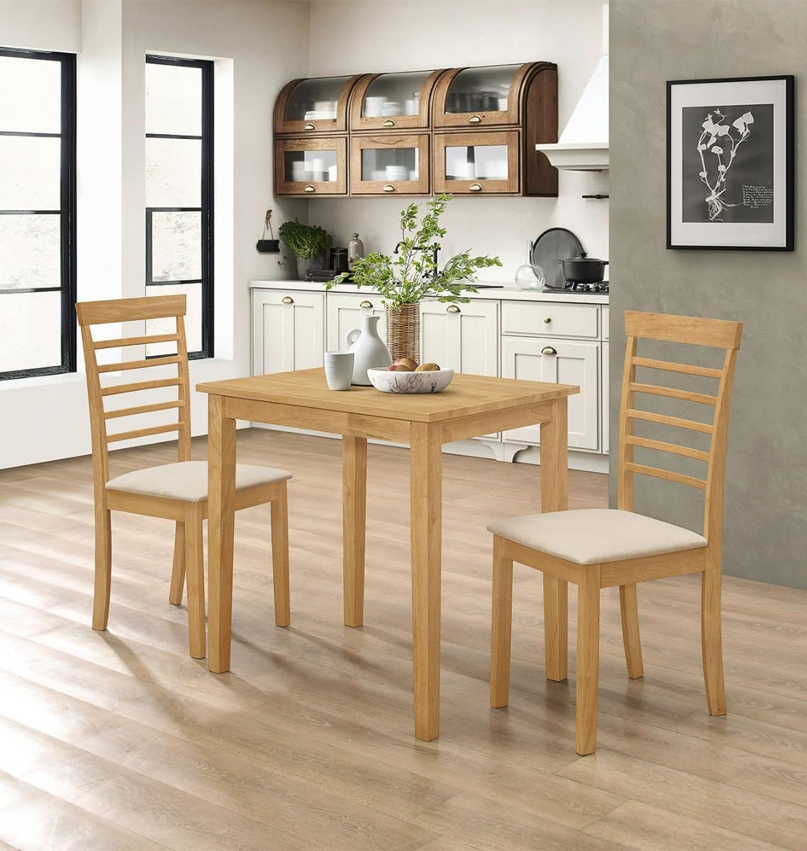 Hallowood Furniture Ledbury Small Dining Table and Chairs Set 2, Wooden Kitchen Table and Chairs in Cream Fabric and Ladder Back, Ideal for Small Kitchens or Dining Rooms in Light Oak