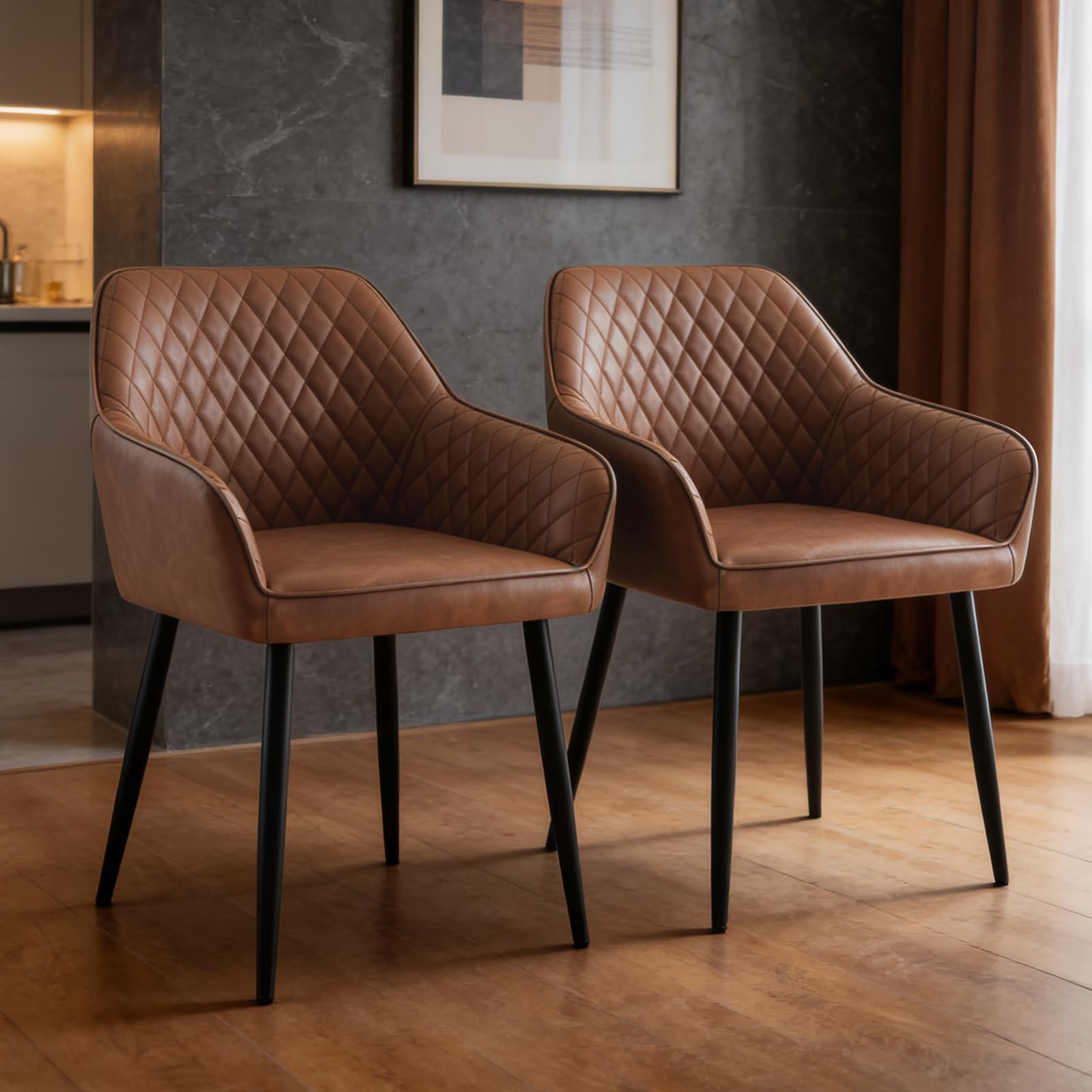 ZOONFA Modern Dining Chair Set of 2 Upholstered Faux Leather Kitchen Chair with Backrest Armrest Black Metal Legs Accent Chair for Kitchen Dining Room (PU Brown)