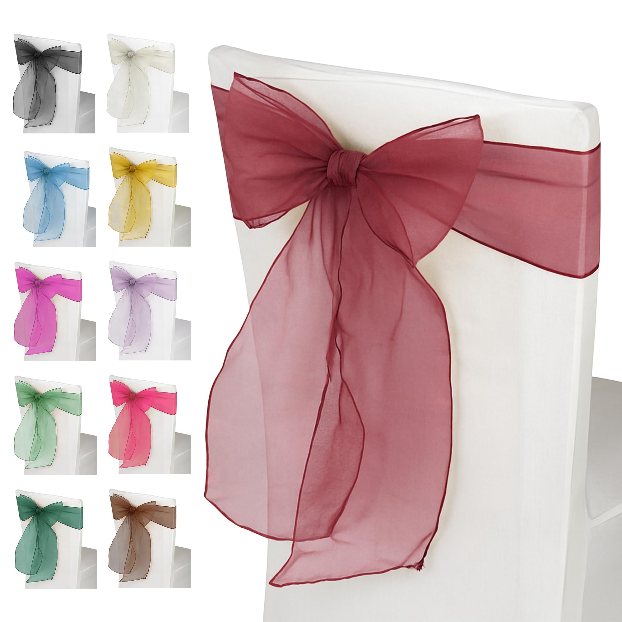 Weddecor Organza Sashes for Chair Covers Fuller Bow Ribbons in Burgundy for Banquet, Birthday, Anniversary, Christmas Parties, Event Decoration, 17cm x 280cm, 75pcs