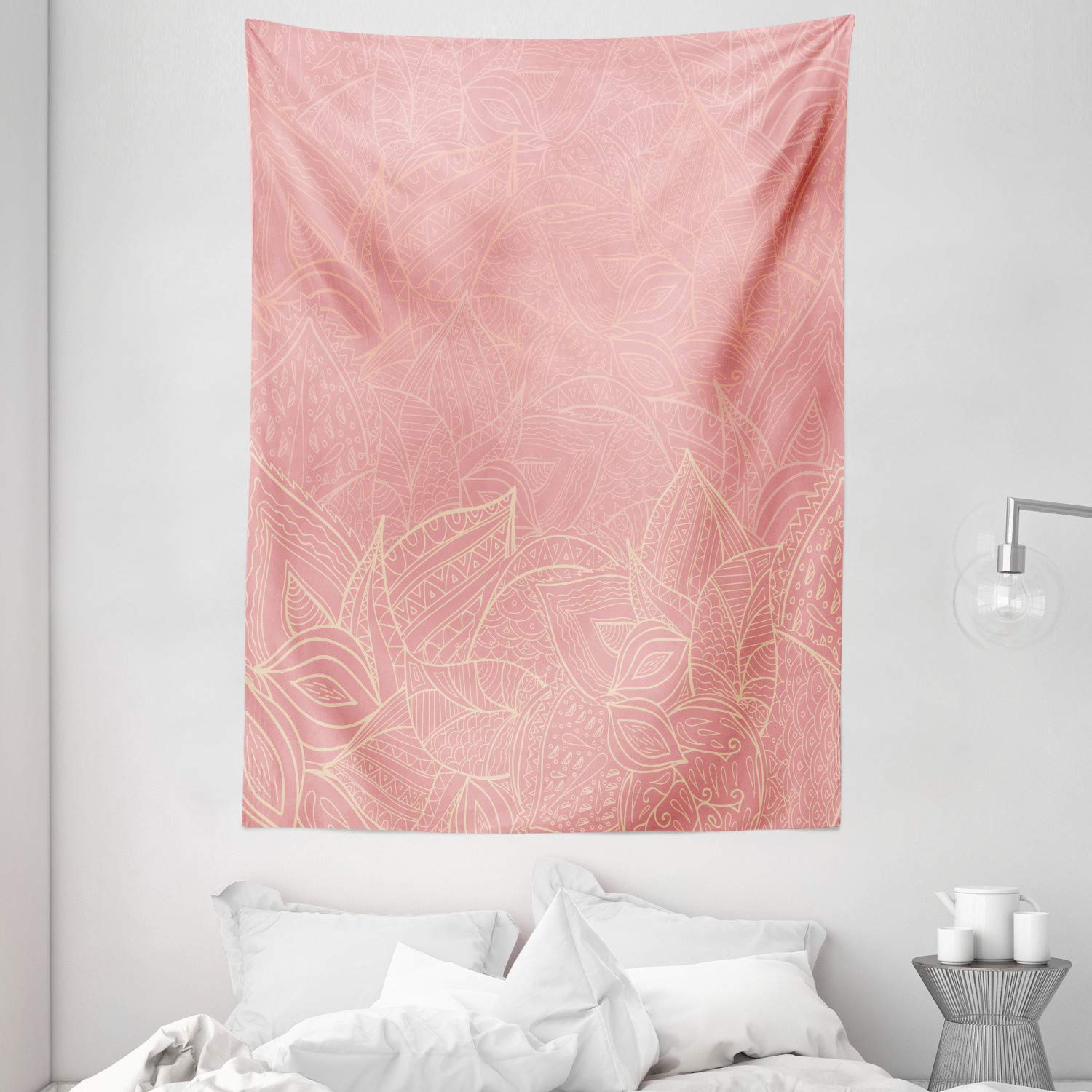 Ambesonne Floral Tapestry, Pastel Toned Nature Inspired Leaf Background Botany Themed Illustration, Wall Hanging for Bedroom Living Room Dorm Decor, 60" X 80", Peach Coral
