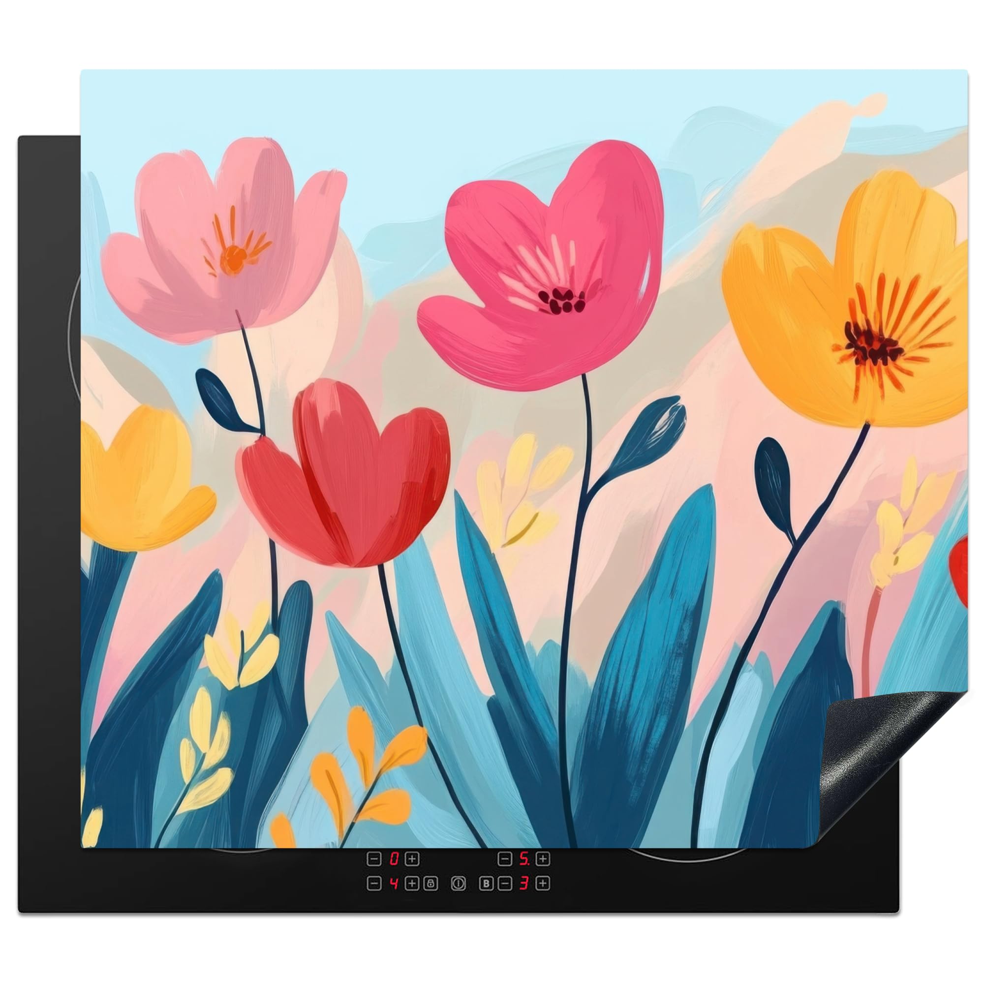 KitchenYeah© Induction Hob Protector Mat 20.3"x22.7" / 57.6x51.6 cm Stove Cap Top Cover Kitchen Cooker Covers for Electric Hobs Vinyl Illustration - Flowers - Colourful — image 1