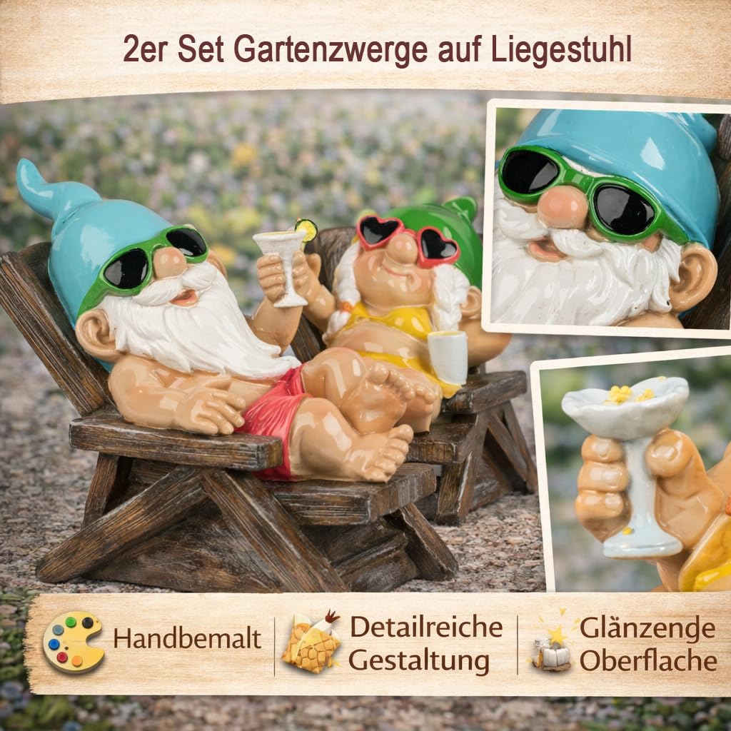 formano 2er Set Gartenzwerg Liegestuhl lustige Gartenzwerge 26cm aus Kunststein handbemalt Gartendeko Figuren mit glänzender Oberfläche für Garten Terrasse Balkon, humorvolle Outdoor Gartenfiguren