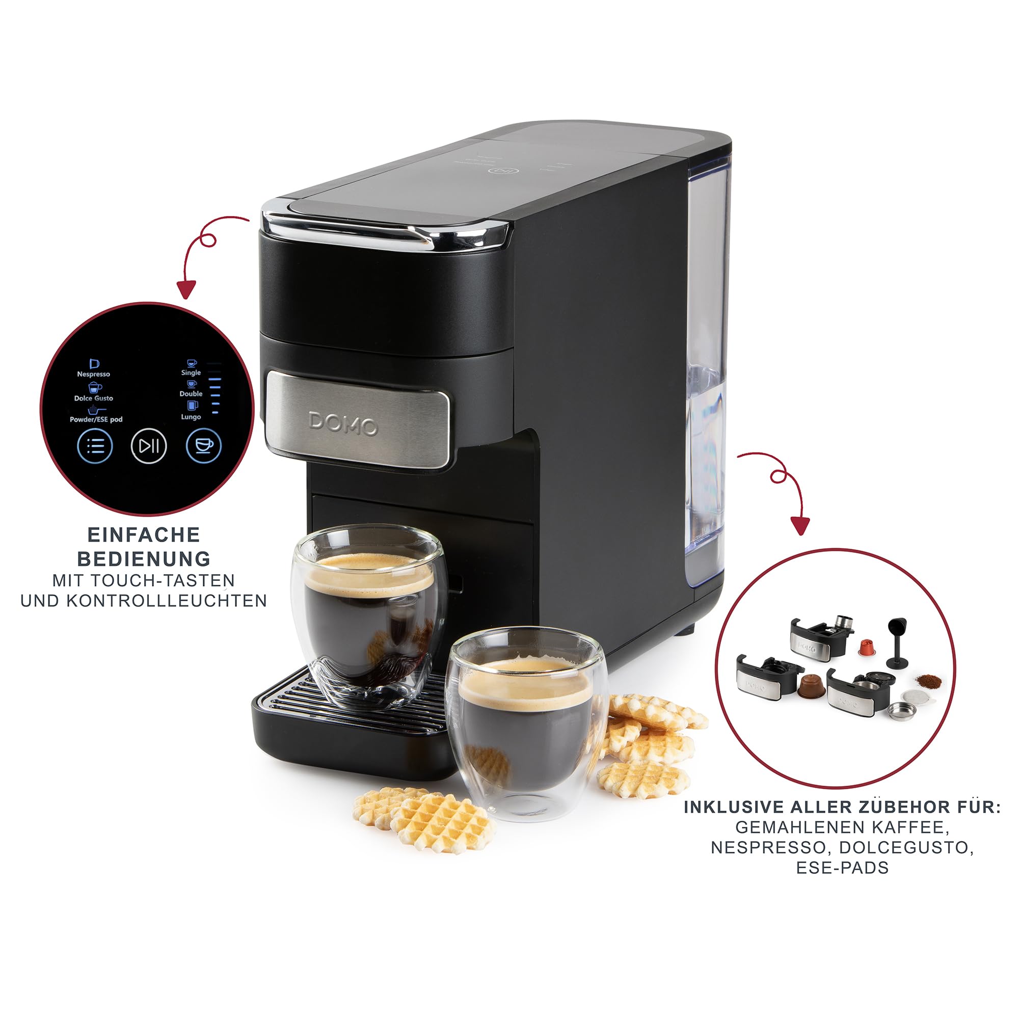 DOMO DO748K Máquina de café de cápsulas 4 en 1 – Cafetera espresso y capuchino para Nespresso, Dolce Gusto, ESE y café molido – Control táctil – Cuchara dosificadora con tamper