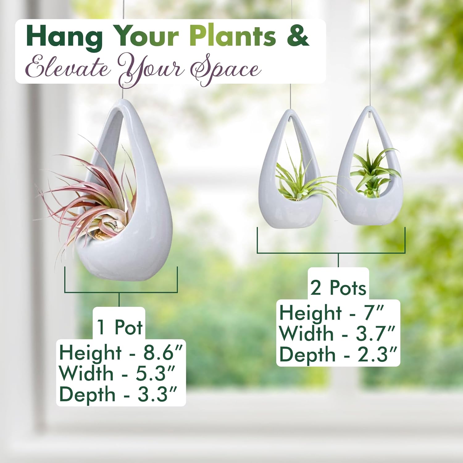 23 Bees, Hanging Air Plant Holder, White Hanger Ceramic Planter, Small Floating Succulent Pots Container, Cactus Holders with Metal Wire, 3 Pack