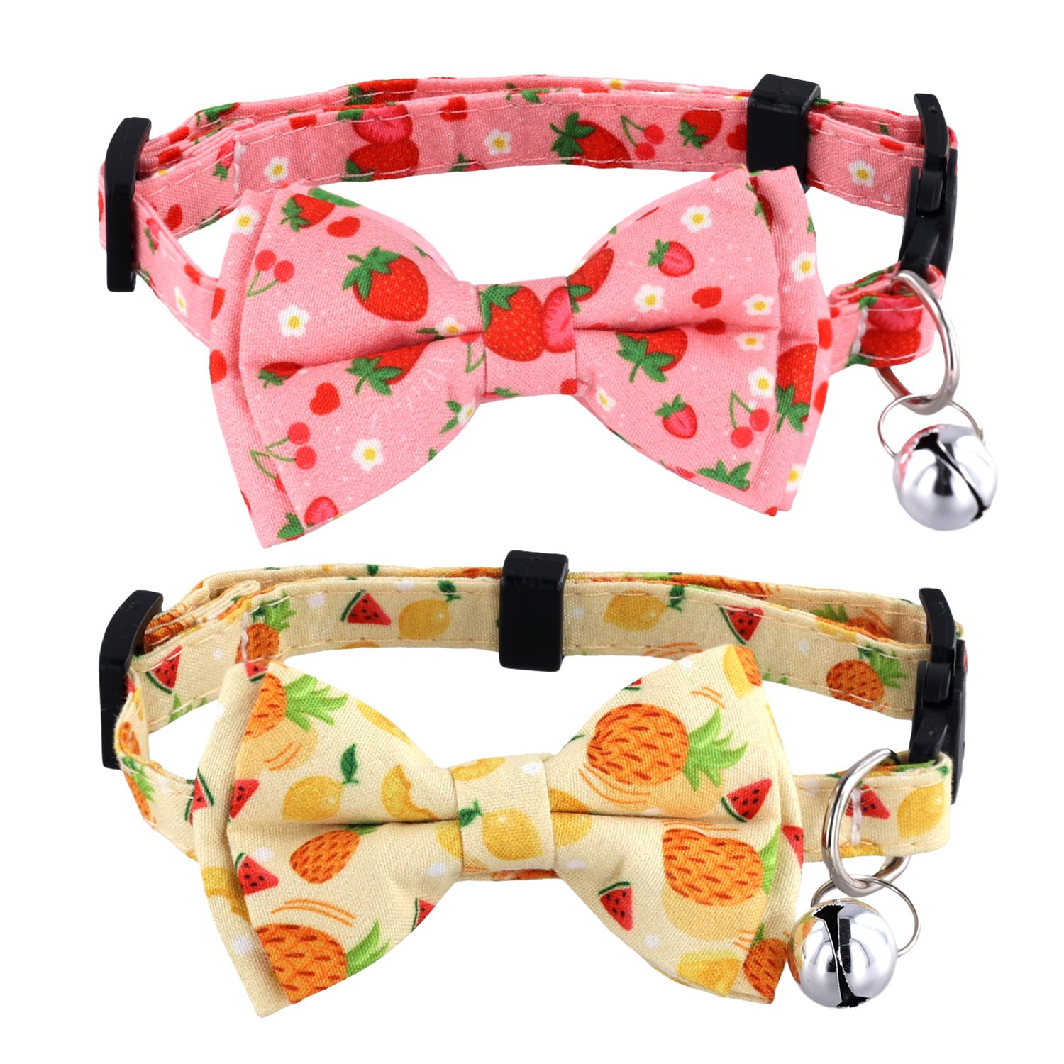 PEUTIER 2pcs Summer Cat Collars, Cute Fruit Theme Cat Collar with Bowtie & Bell Adjustable Soft Cat Bow Tie Collar with Pineapple Strawberry Pattern