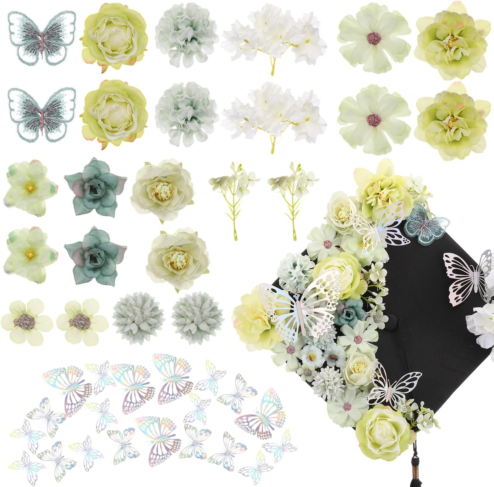36 Pcs DIY Graduation Cap Decorations Accessory Kit Include Faux Flower Heads and 3D Glitter Butterfly for Graduation Cap Decoration Home Decor Cake Wreath Craft Decor(Light Green)
