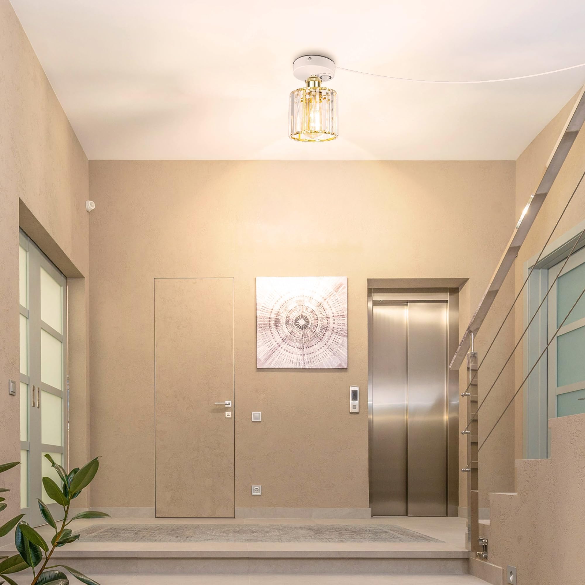 Plafoniera con sensore di movimento interno, moderna lampada da soffitto in cristallo, sensore di movimento con cavo da 4,5 m e portalampada E27, per corridoio, bagno, scale, garage, oro