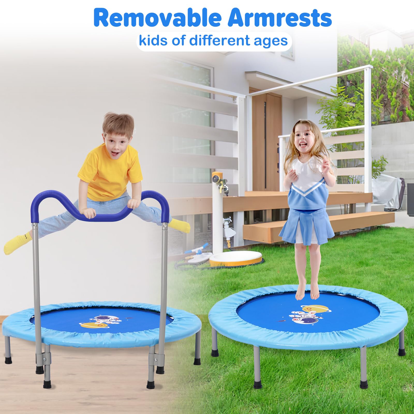 91cm Trampolines para Niños de con Reposabrazos de Espuma,Lona de Salto y Protector de Lluvia Trampolín Infantil a Partir de 3 Años,Cama Elástica Niños Interior/Exterior Máx.120 kg