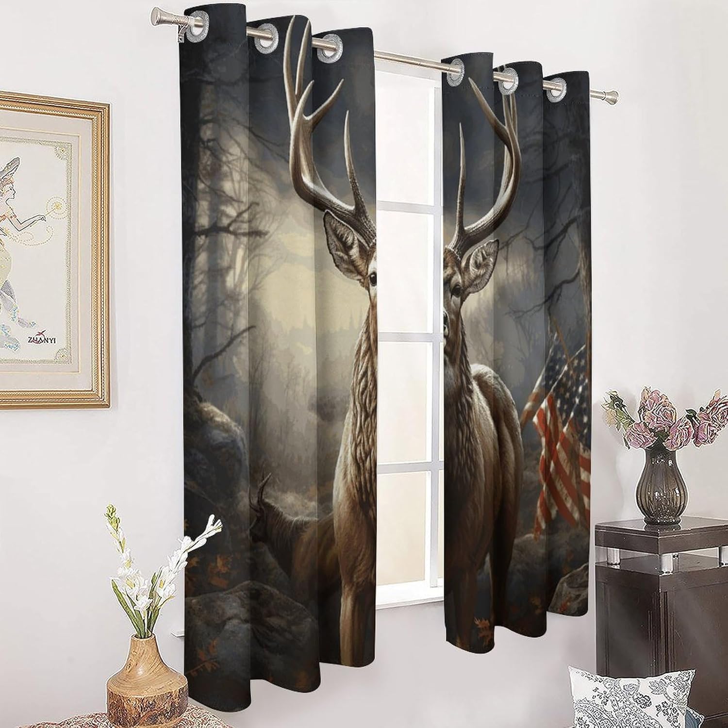Deer Hunting Season Printed Perforated Curtains, Insulated Curtains for Winter, Thermal Drapes are Suitable for Most Windows, Balconies