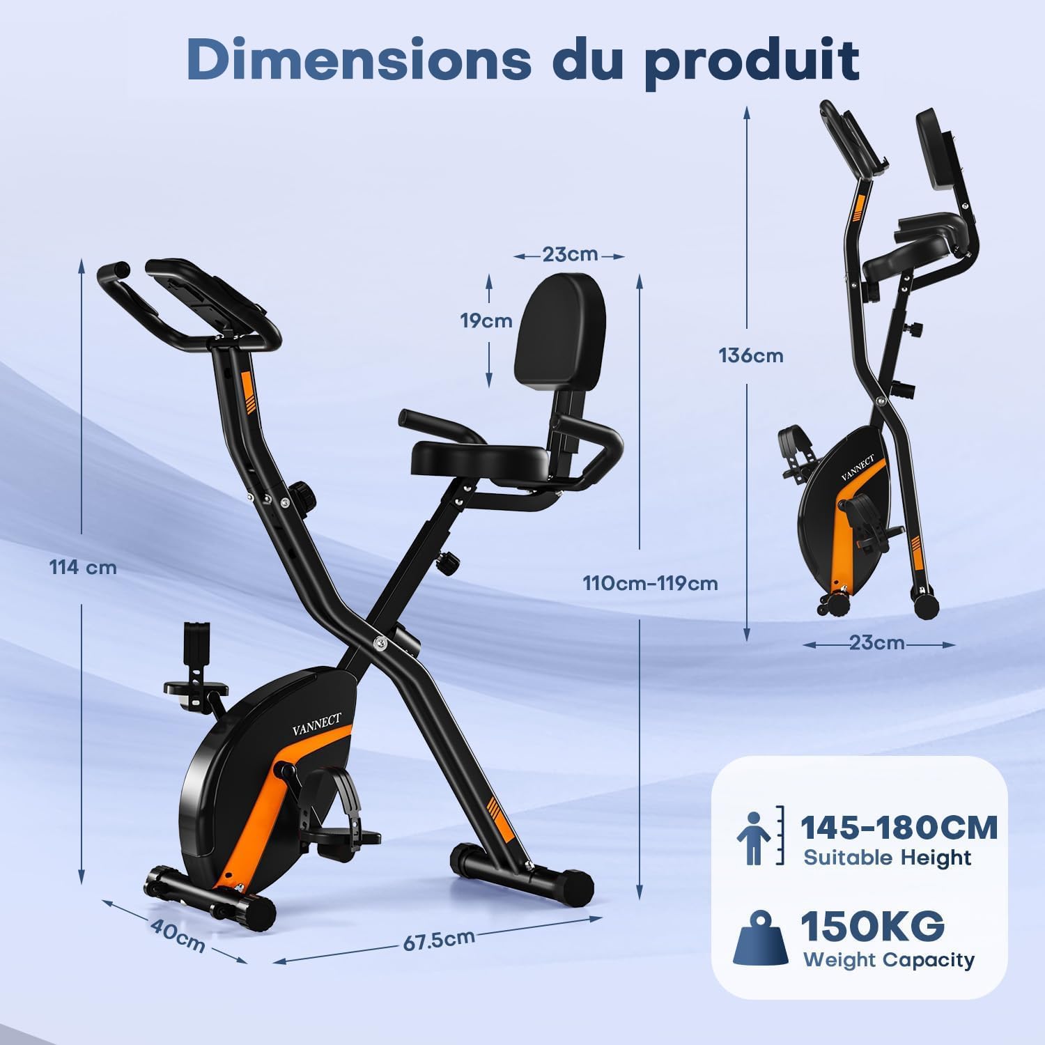 Product dimensions diagram of the exercise bike