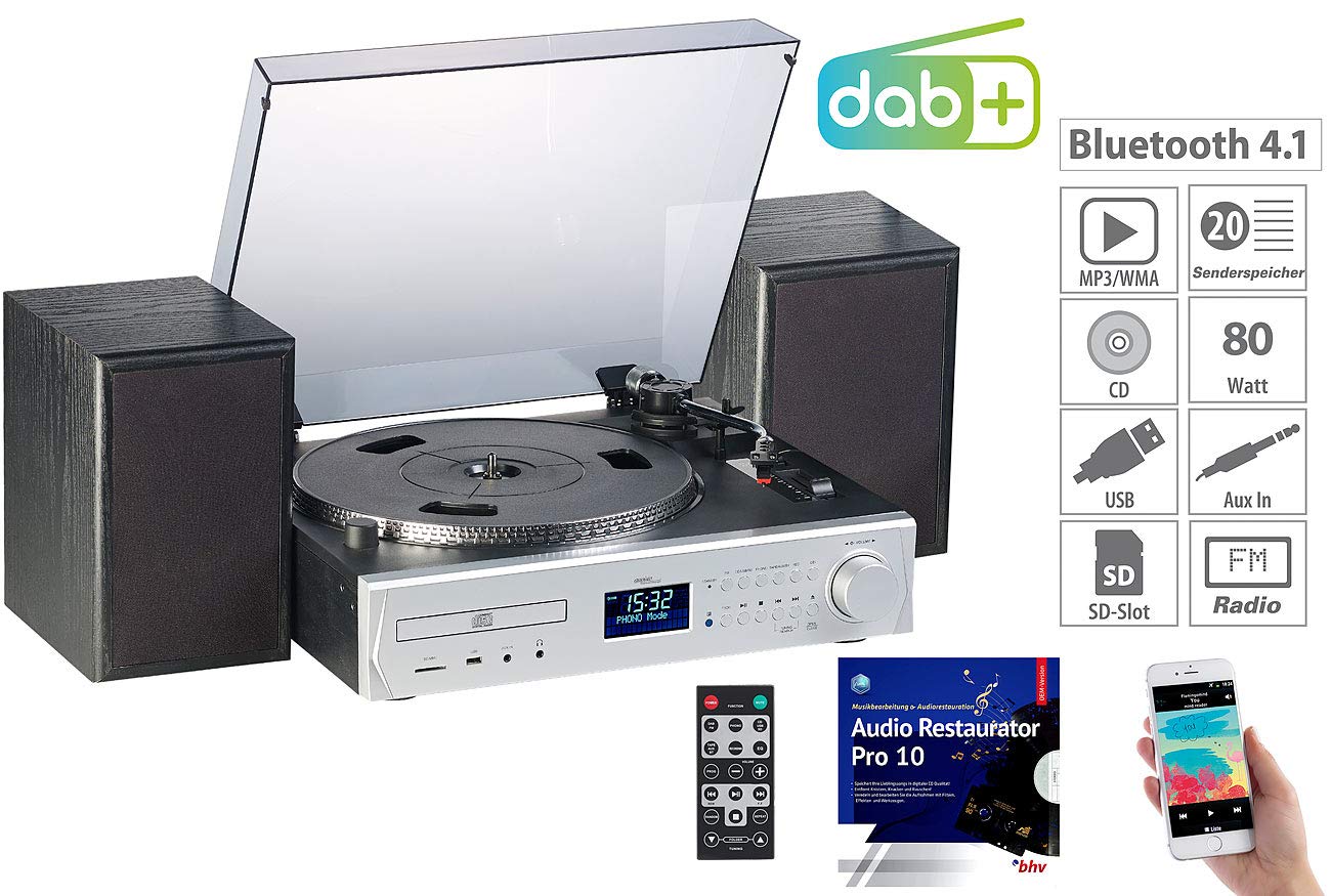 auvisio Musikanlage: Plattenspieler/Digitalisierer, DAB+, CD, Bluetooth, MC, USB, MP3, 80 W (Kompaktanlage mit Plattenspieler, Stereoanlage mit Plattenspieler, 5in1)