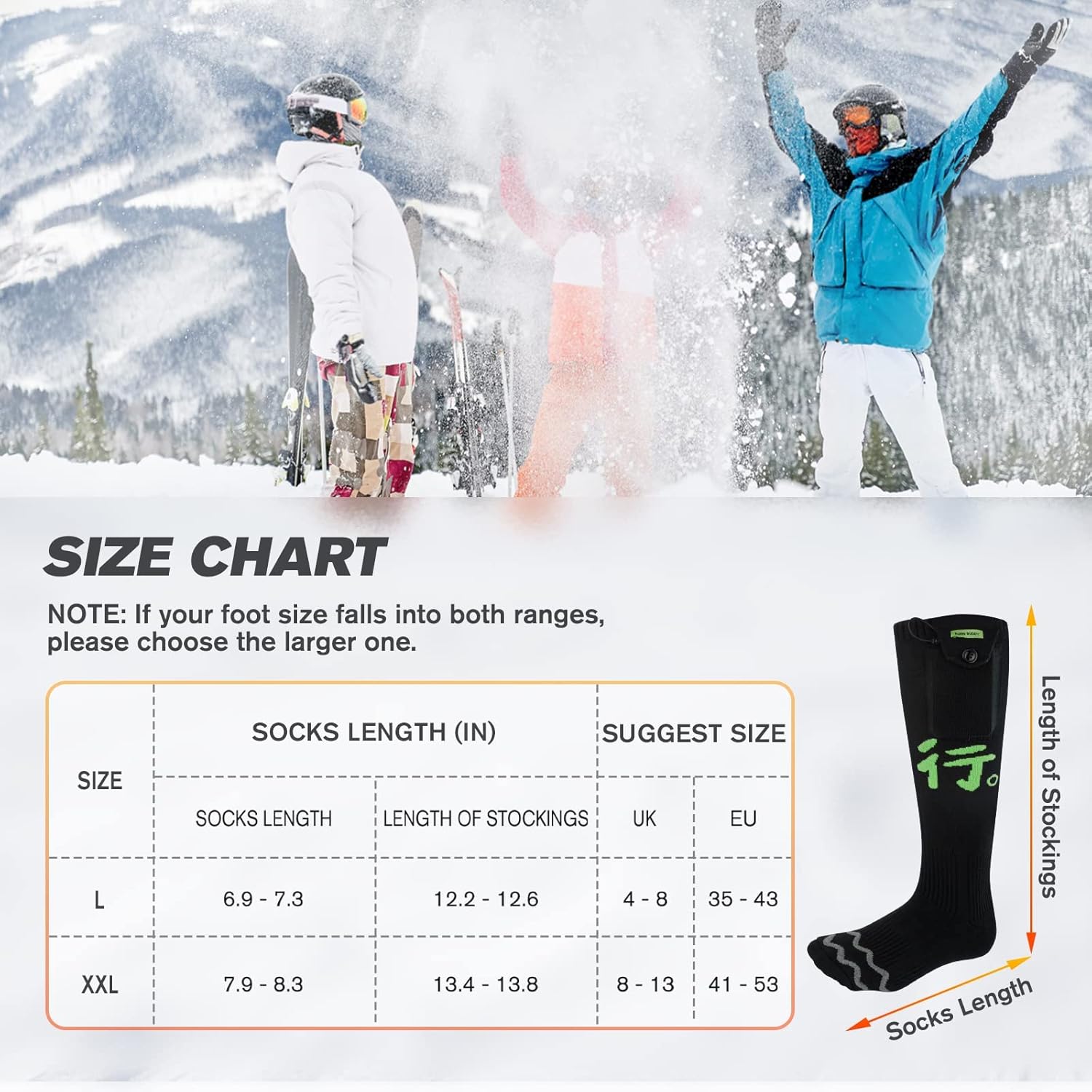 Size chart for Bubbacare Heated Socks showing length in inches and suggested UK/EU sizes