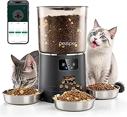 Comedouro Automatico para 3 Gatos, 6L Alimentador Automático Gatos WiFi Controle Programável de 1 a 20 Refeições, Fonte de Alimentação Dupla, Chamada de Refeição de 10s Preto