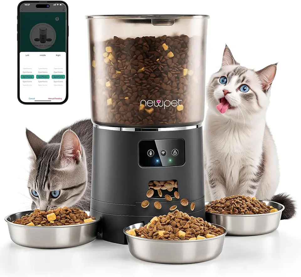 Comedouro Automatico para 3 Gatos, 6L Alimentador Automático Gatos WiFi Controle Programável de 1 a 20 Refeições, Fonte de Alimentação Dupla, Chamada de Refeição de 10s Preto