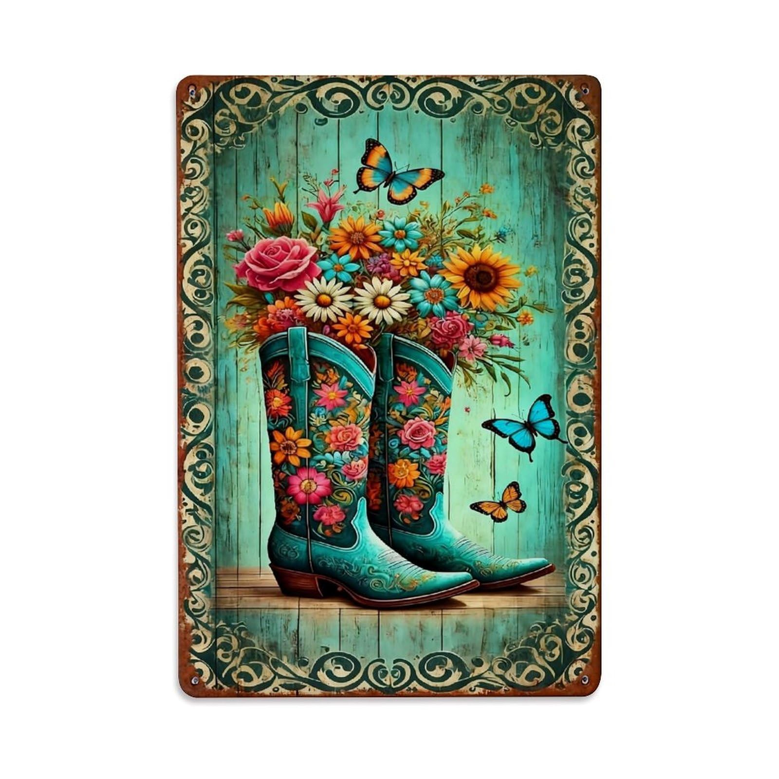 Jdfenggu Vintage Floral Pattern On Cowboy Boots Retro Metal Tin Sign, Metal Poster For Bar, Home, Man Cave, Kitchen, Laundry Room Art Decor 8X12 Inch