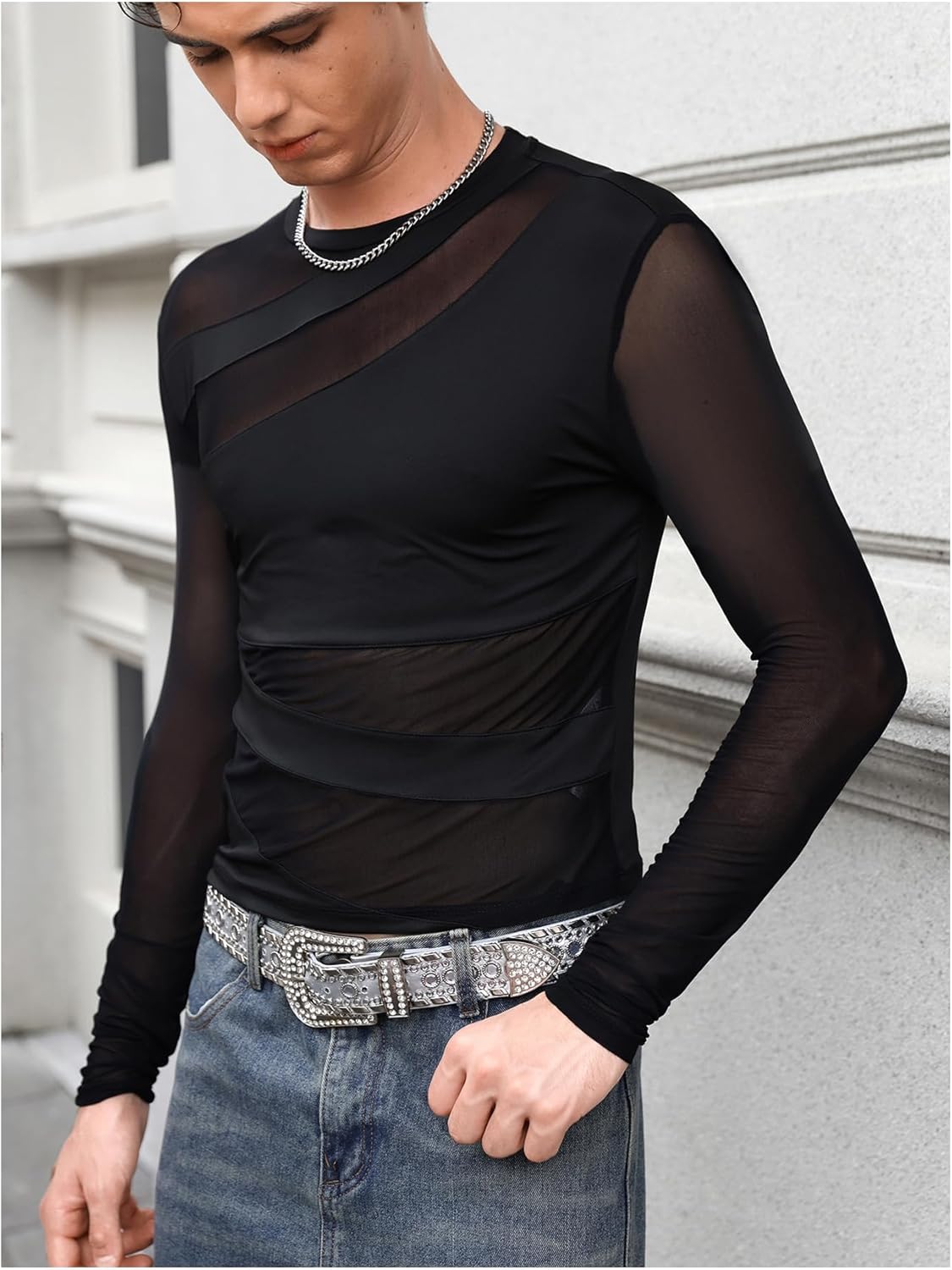 OYOANGLE Men's Contrast Mesh Sheer Cropped Tee Top Long Sleeve Crew Neck Fitted Party T Shirt - Image 3