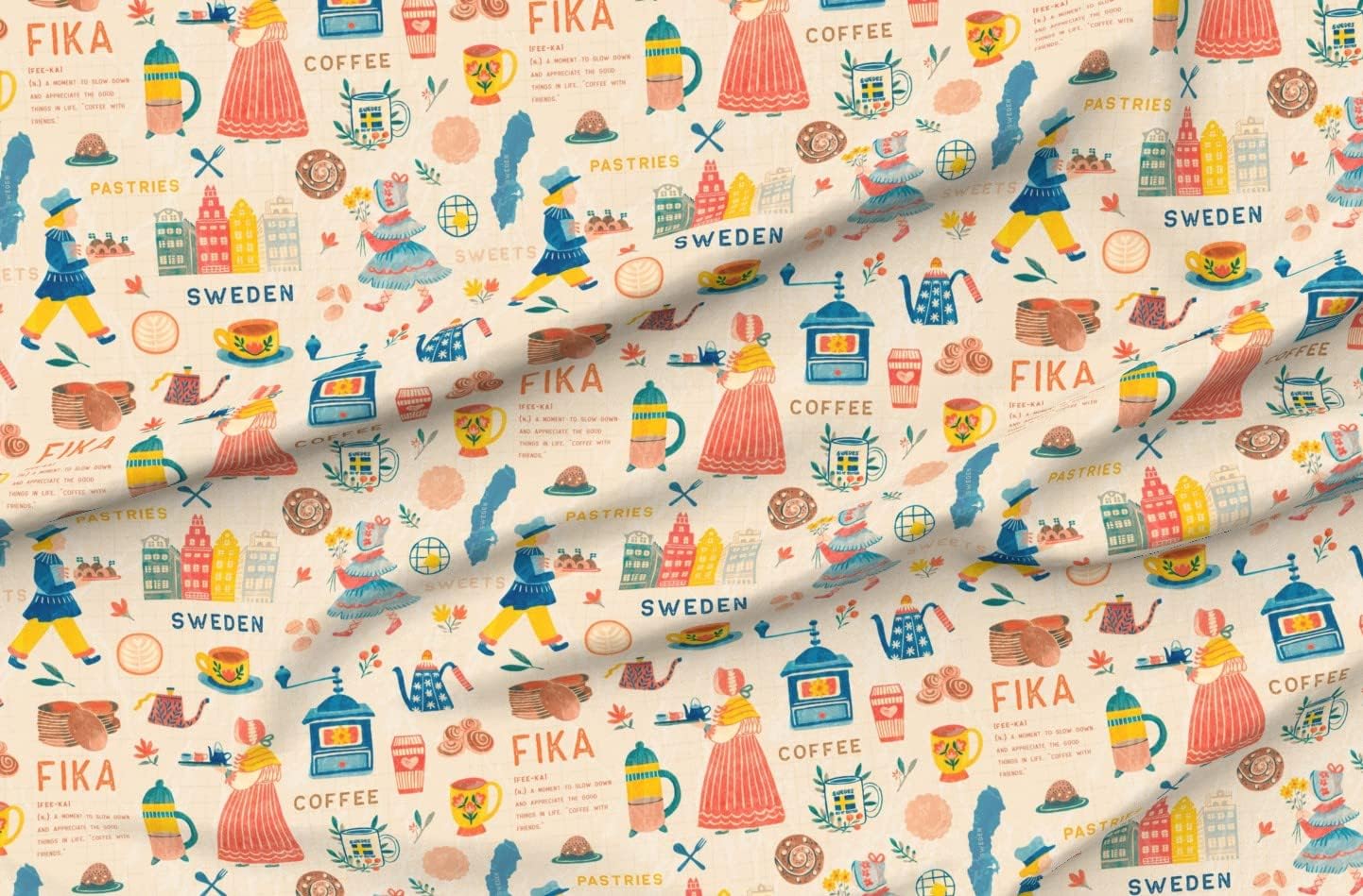 Spoonflower Fabric - Fika Coffee Tradition Swedish Typography Hand Drawn Printed on Organic Cotton Sateen Fabric by The Yard - Sewing Quilting Apparel Home Decor