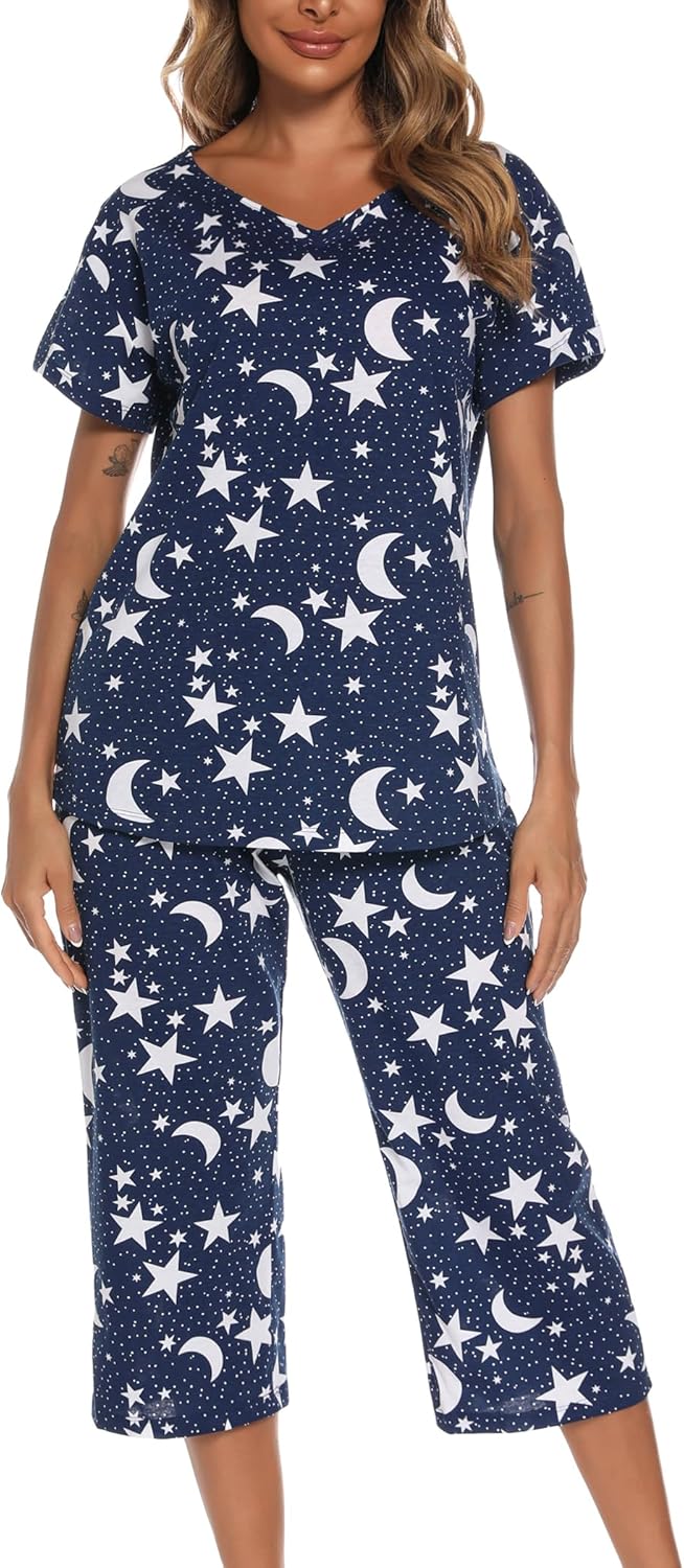 ENJOYNIGHT Womens Pajama Sets Cotton Pj Set Short Sleeve Top With Capri Pants Sleepwear 2 Piece Lounge Set - Image 4