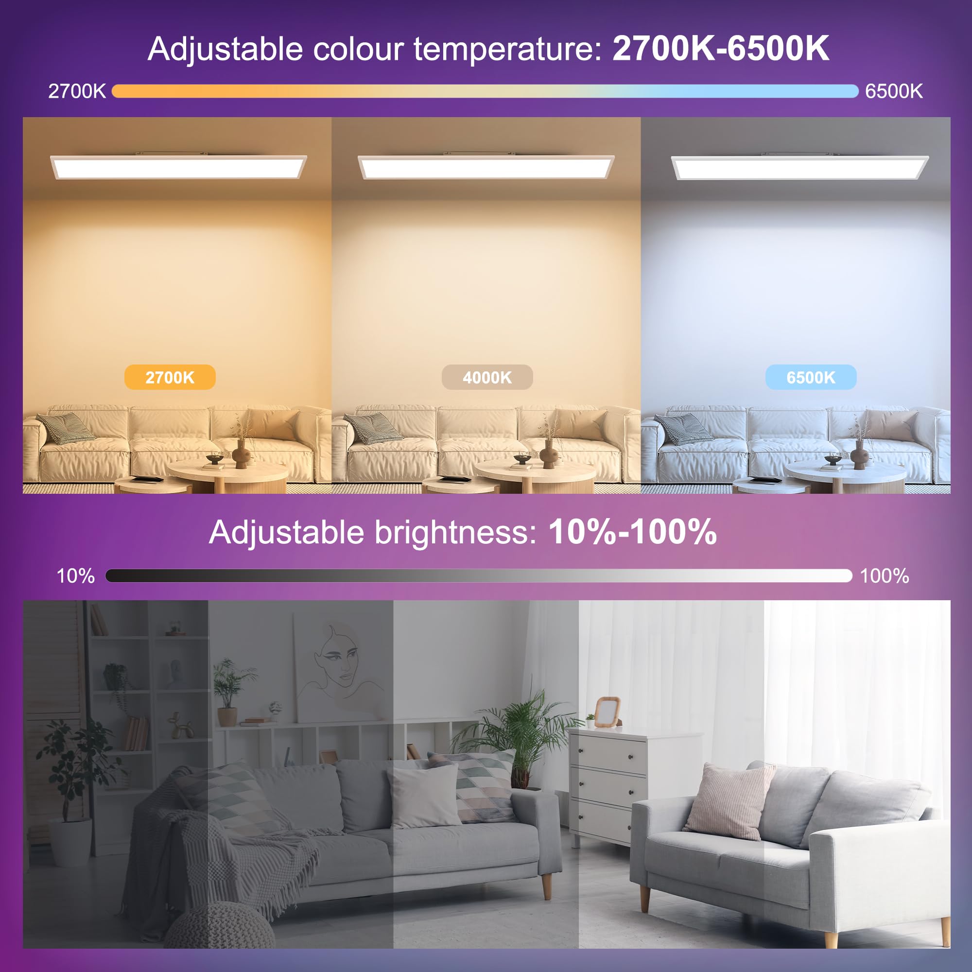 YindaLux 1x LED Panel 120x30 cm Deckenleuchte 40W mit RGB-Backlight Weiß | 4000lm, dimmbar, 2700–6500K, Fernbedienung, Nachtlicht, Speicherfunktion, Hauptlicht und Backlight separat steuerbar