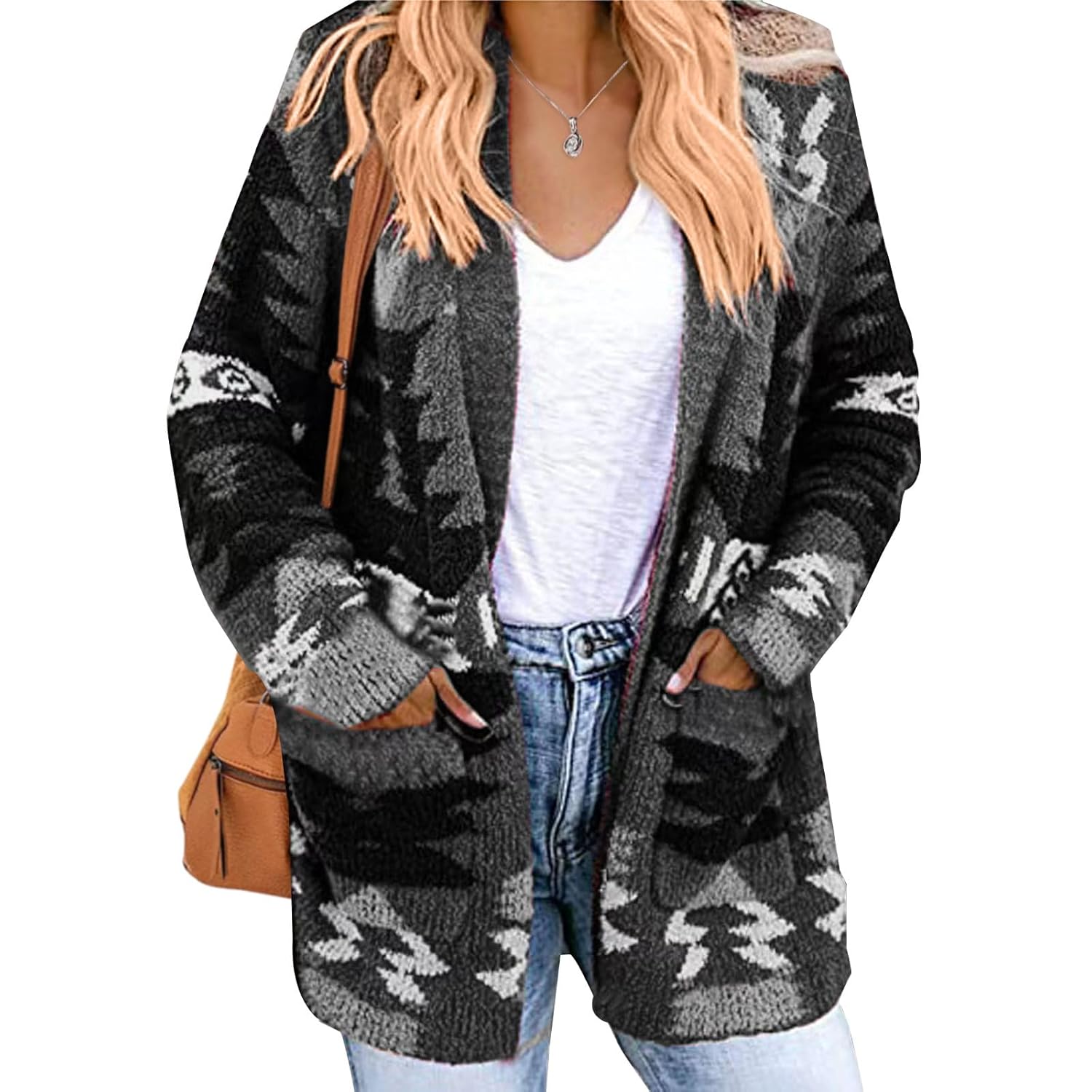 Womens Cardigans Dressy Casual Winter Outfits Aztec Print Open Front Long Sleeve Knitted Work Fall Sweaters with Pockets