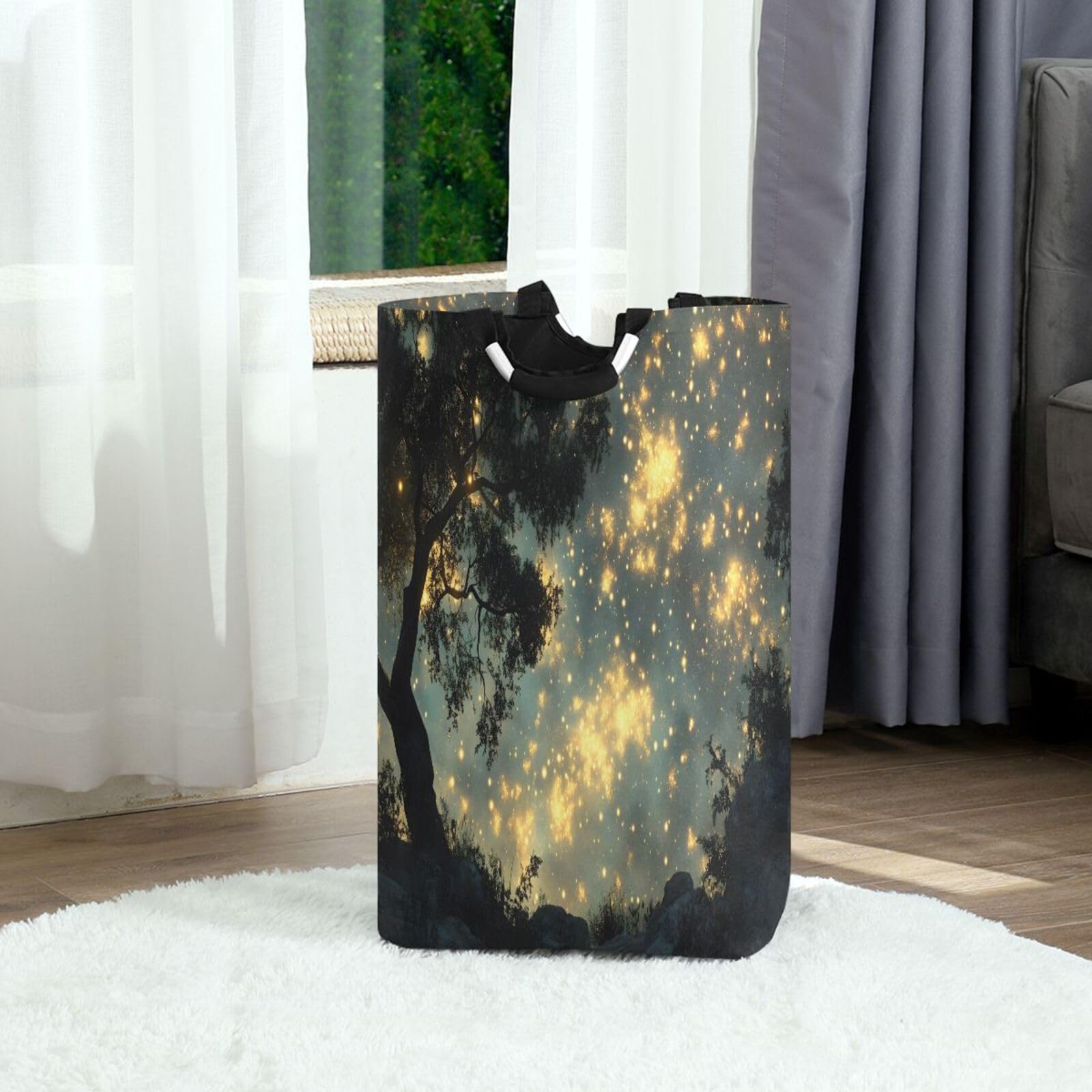 Jihqo Laundry Hamper Basket Night Sky Tree Collapsible Nursery Storage Bin Waterproof Clothing Baskets for Home Bedroom Bathroom Washing Room