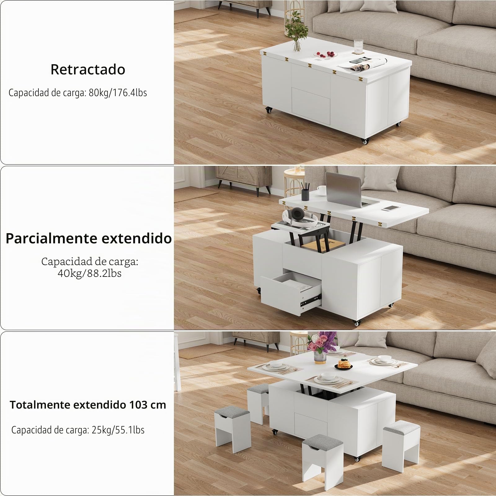 VOWNER Mesa de Centro Elevable Extensible (Blanco) | Multifuncional 3 en 1 con Cajón & 4 Taburetes para Comedor